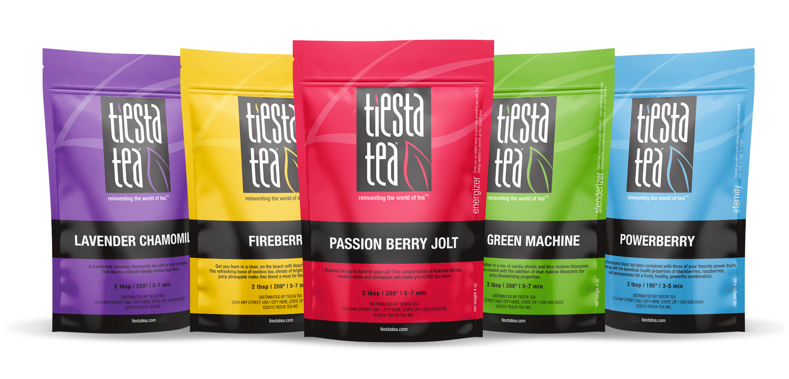 Five colorful Tiesta Tea pouches displayed side by side, each with a different flavor label.