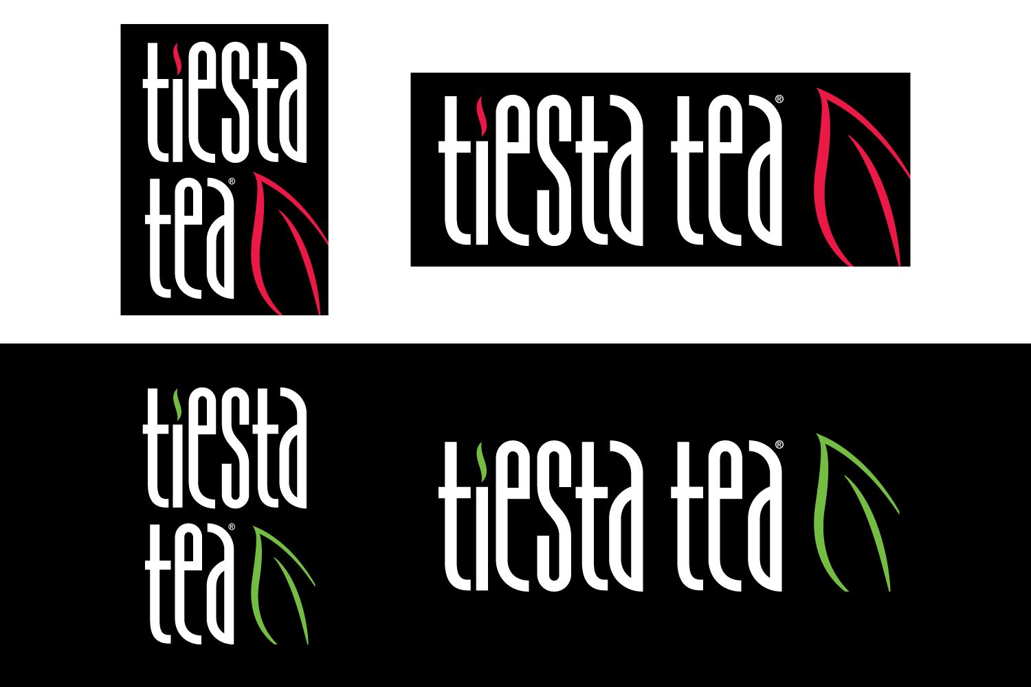 Logo variations reading “tiesta tea” in black and white with red and green leaf accents.