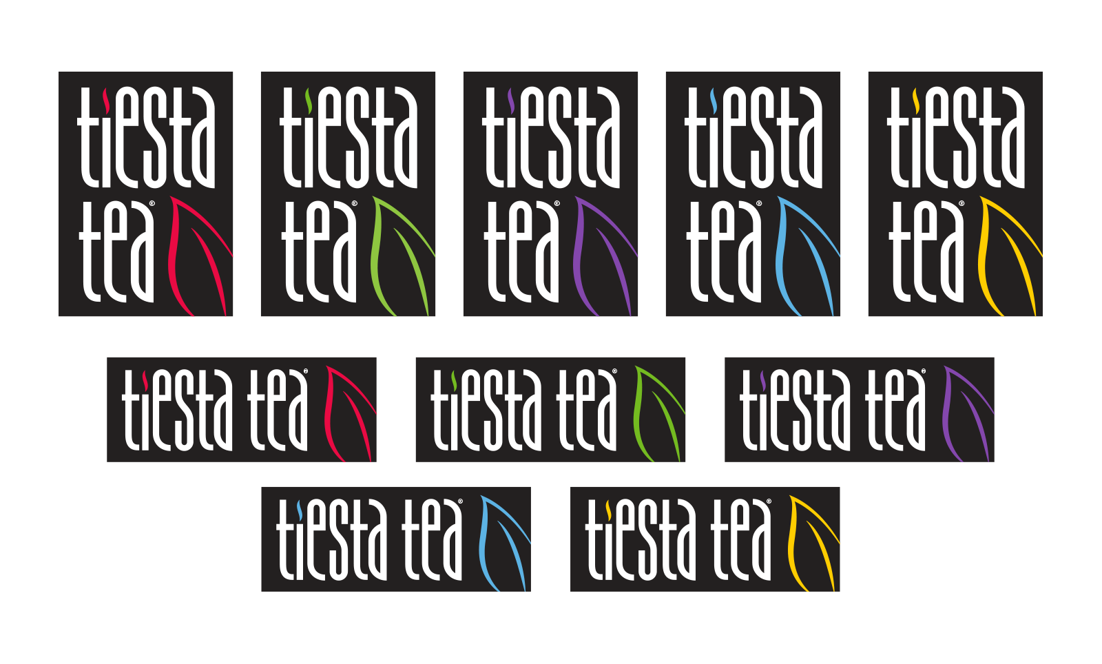 Tiesta Tea logo variations in different accent colors on black backgrounds