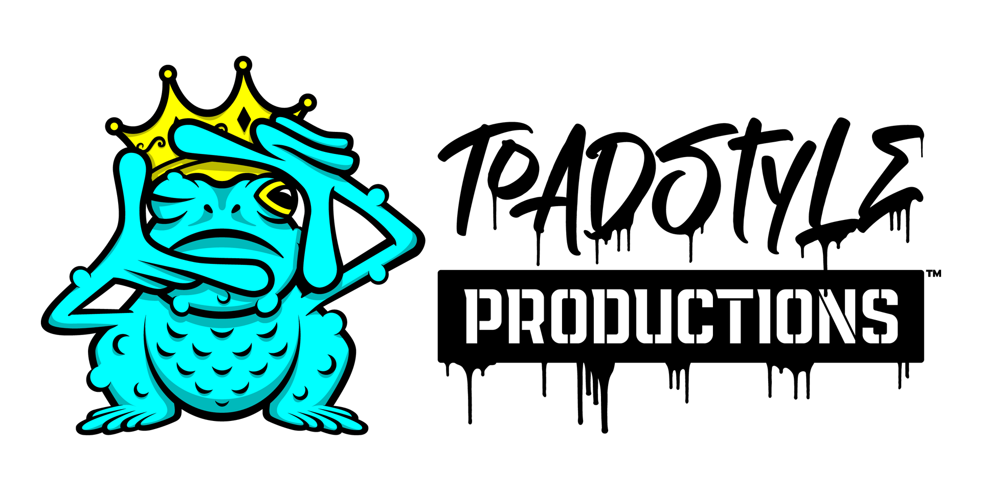 Blue cartoon character logo with “TOADSTYLE PRODUCTIONS” text in black and white