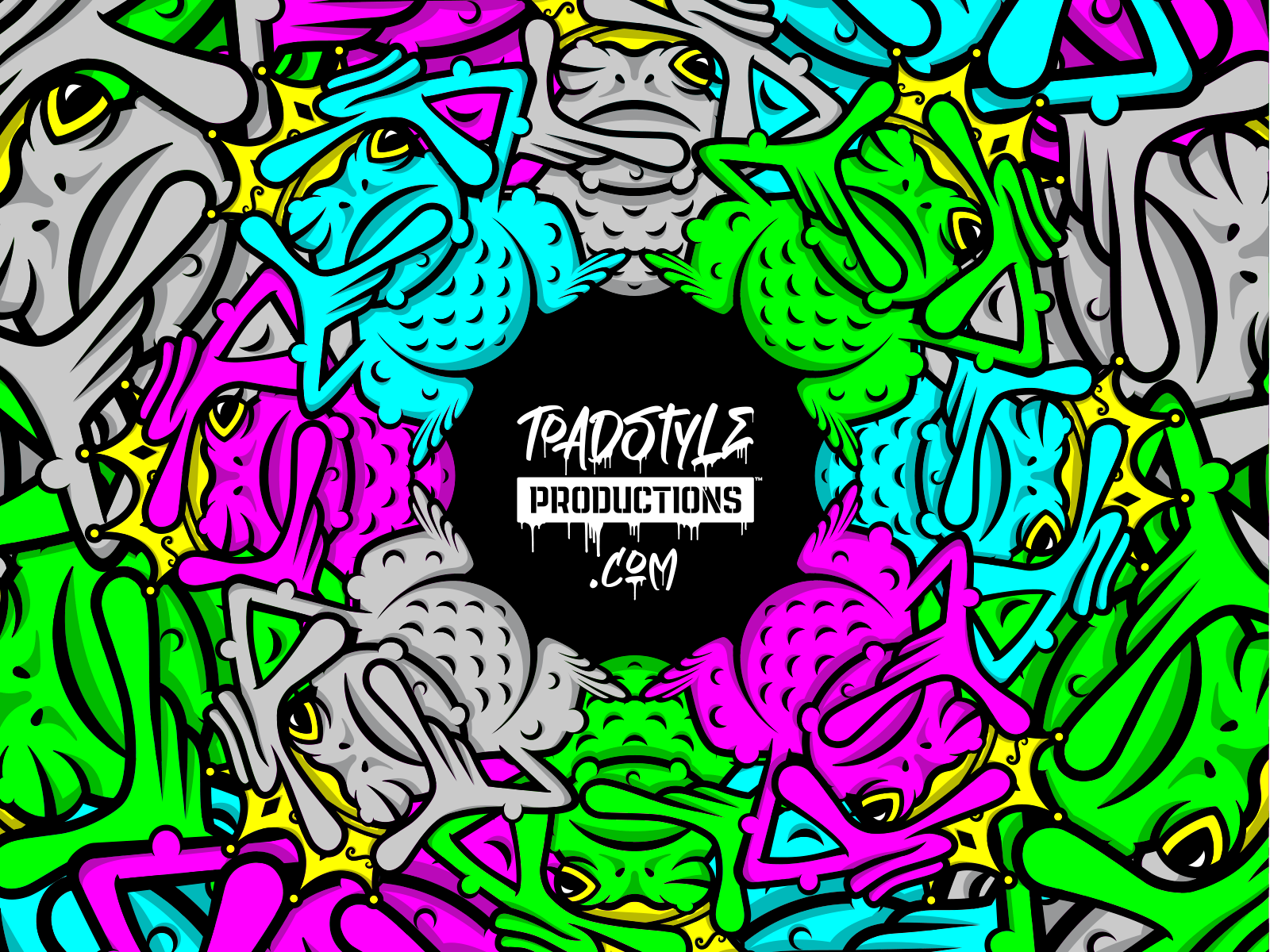 Colorful graffiti-style pattern of neon green, pink, blue, and gray around a central logo reading “TOADSTYLE PRODUCTIONS”
