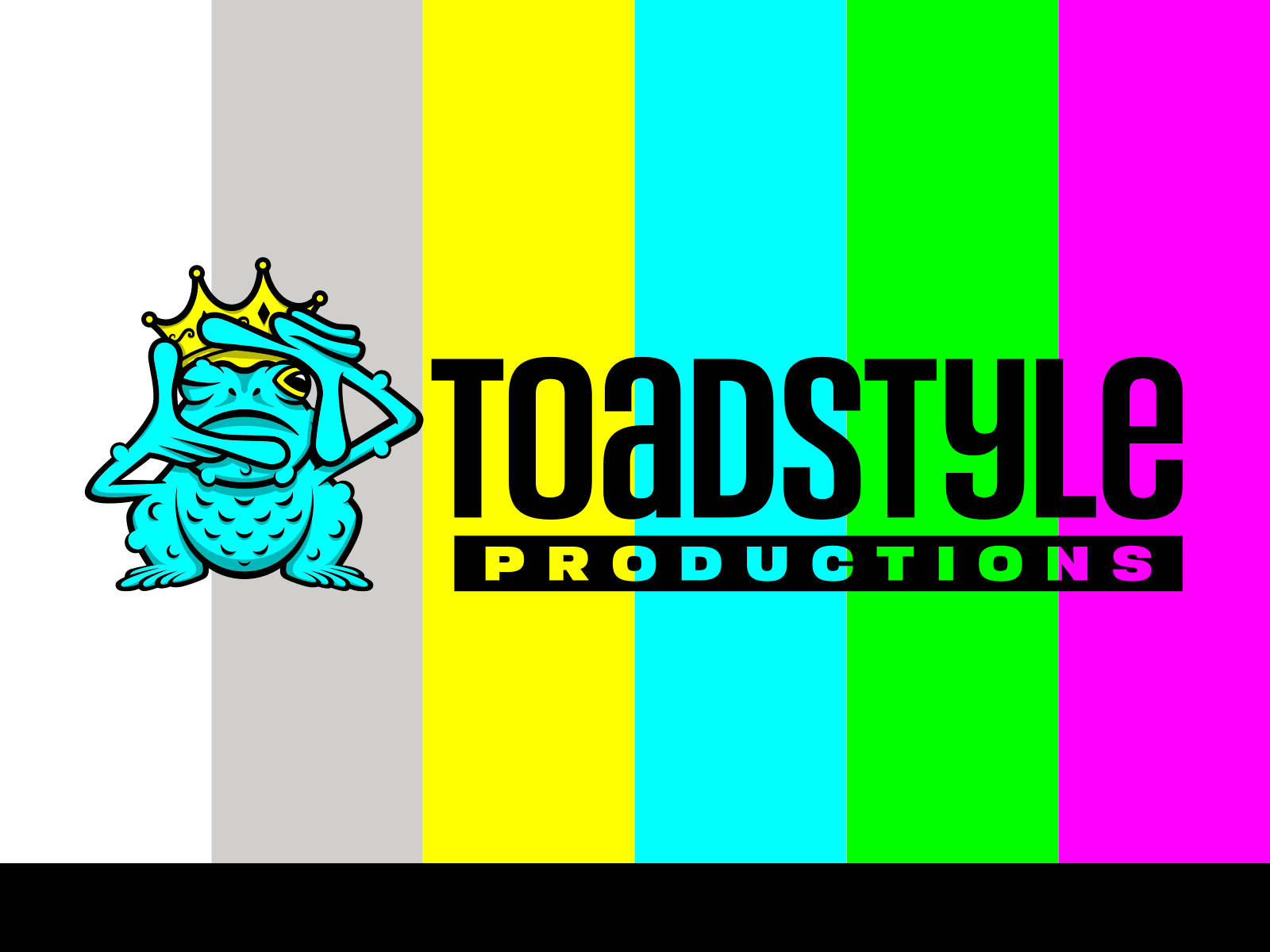 Toadstyle Productions logo with teal cartoon toad and bold black text over vertical rainbow stripes