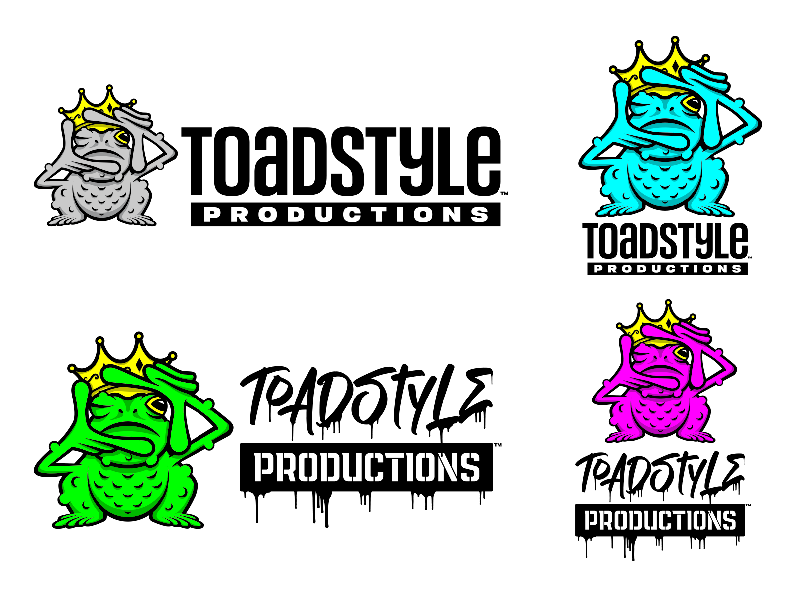 Four colorful TOADSTYLE PRODUCTIONS frog logo variations in gray, cyan, green, and magenta.