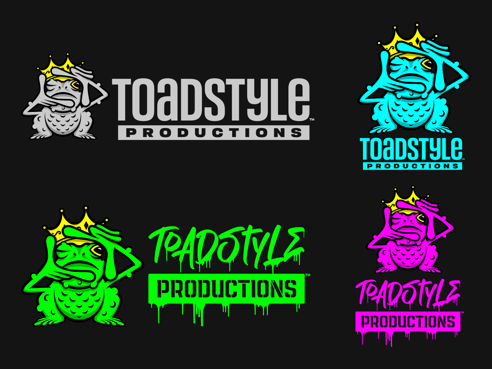 Four neon-colored Toadstyle Productions logo variations on a black background.