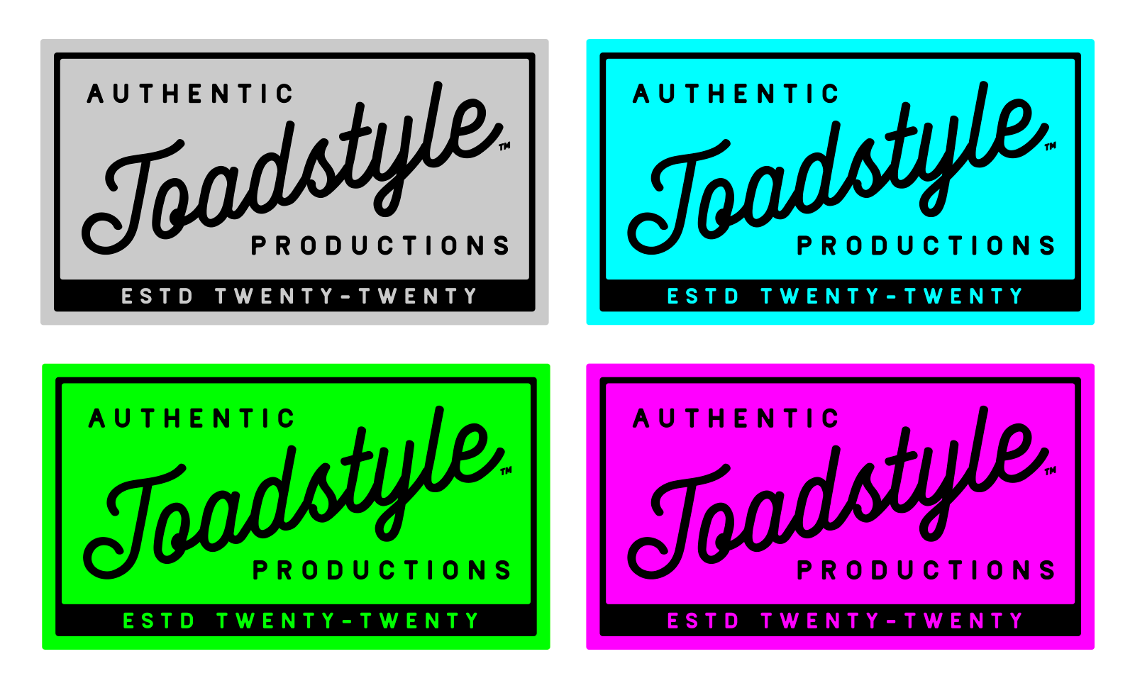 Four colorful vintage-style “Toadstyle Productions” logo variations in a 2x2 grid.