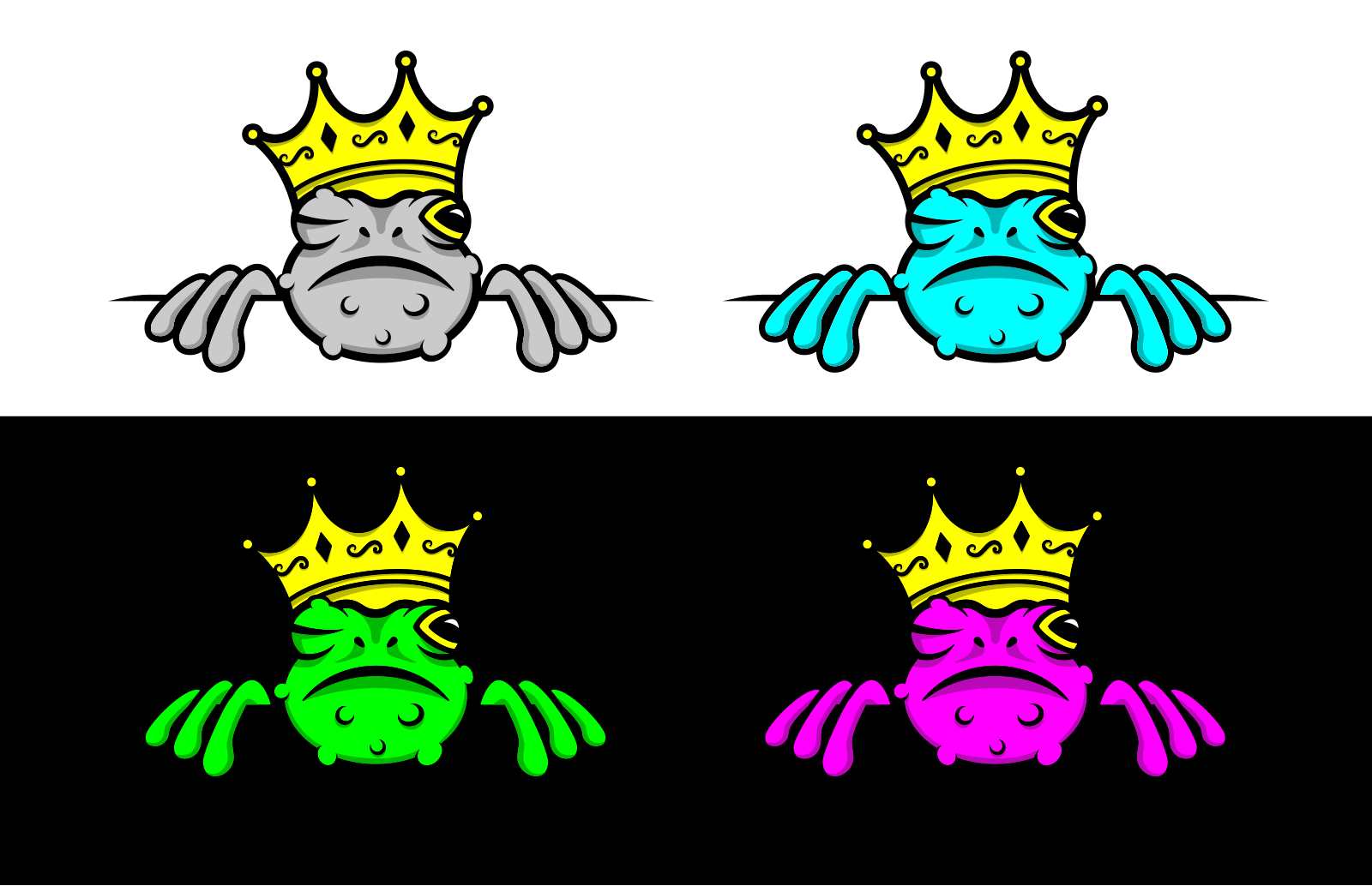 Four crowned cartoon toad heads in gray, cyan, green, and magenta on white and black backgrounds