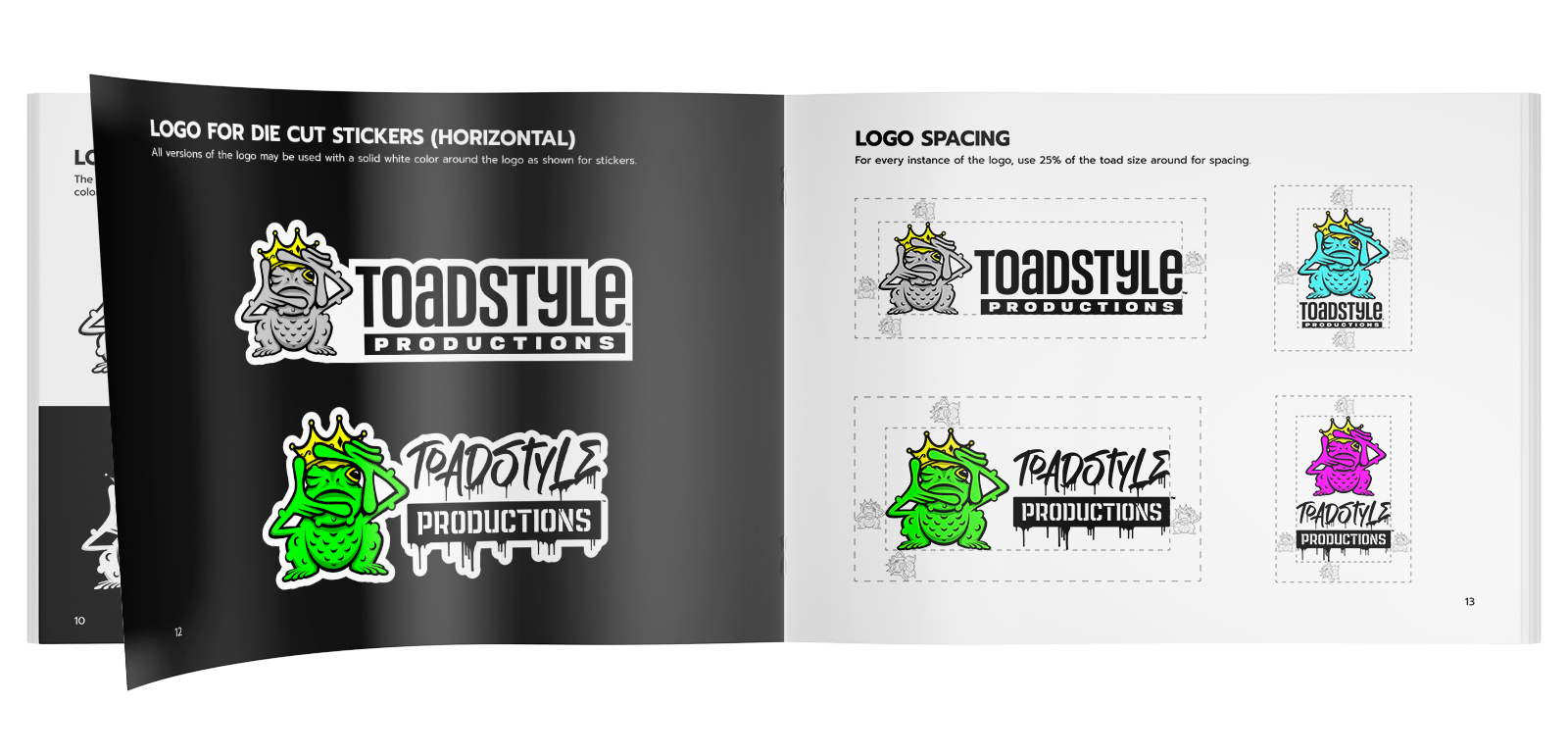 Brand style guide mockup with logo variations in black, white, green, and teal on a gradient background