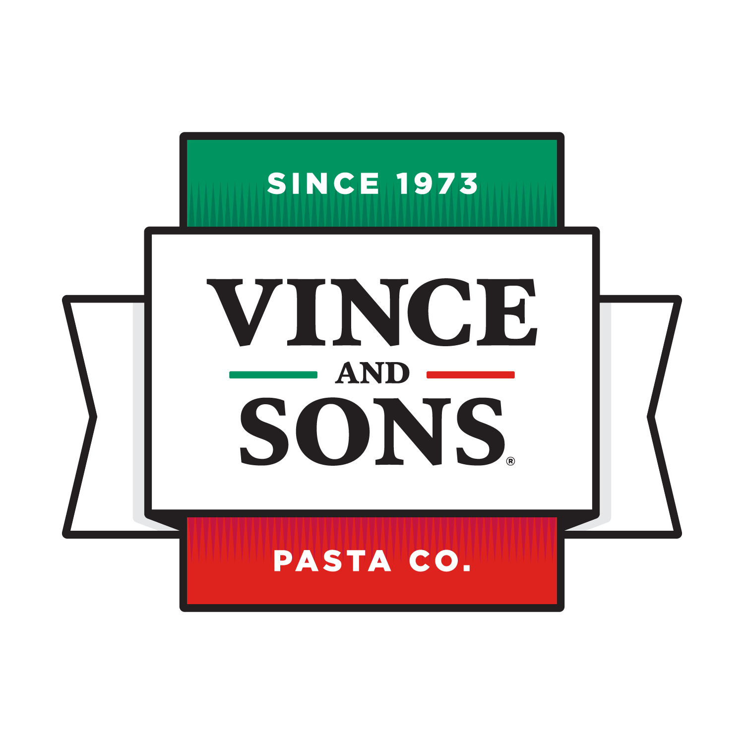 Vince and Sons Pasta Co. logo with green, white, and red banner reading “Since 1973”