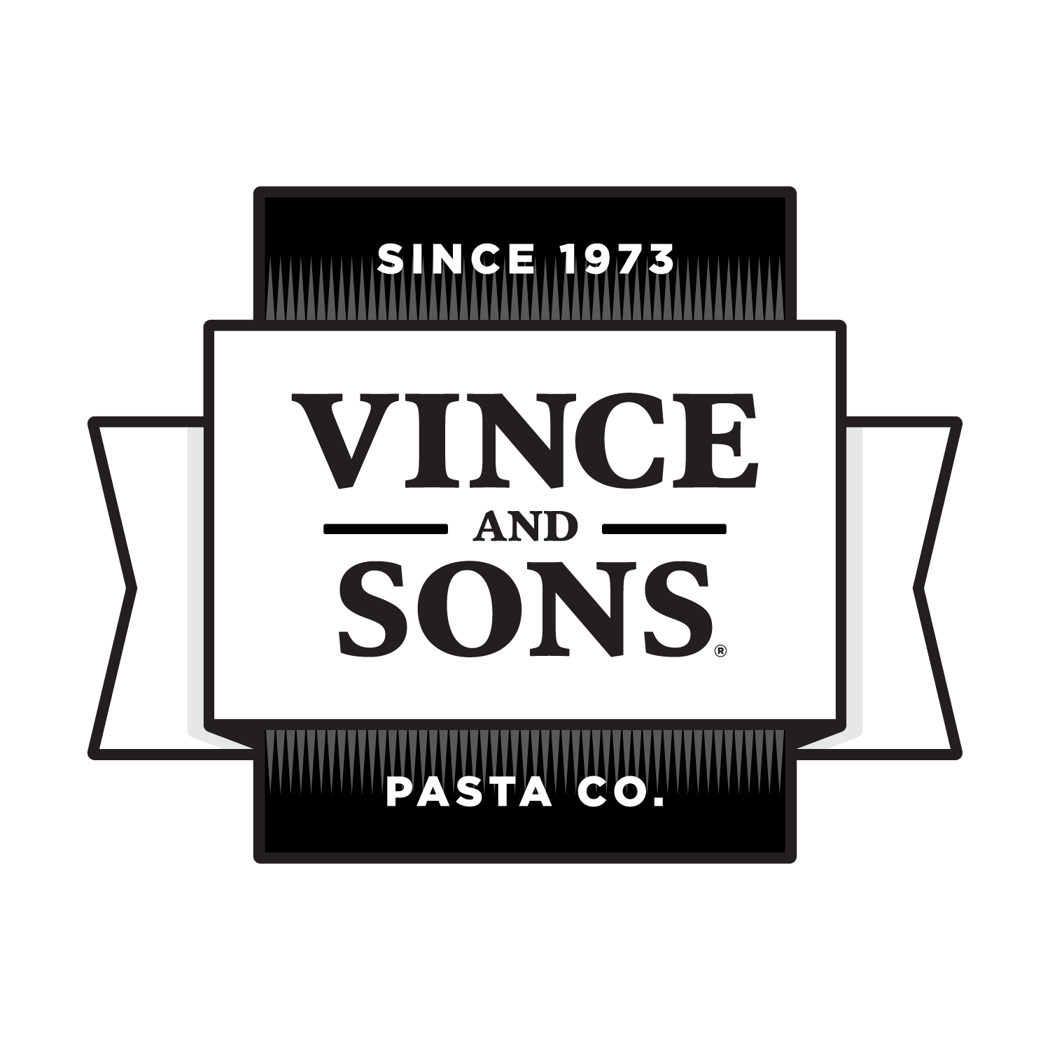Black-and-white Vince and Sons Pasta Co. logo with “Since 1973” banner