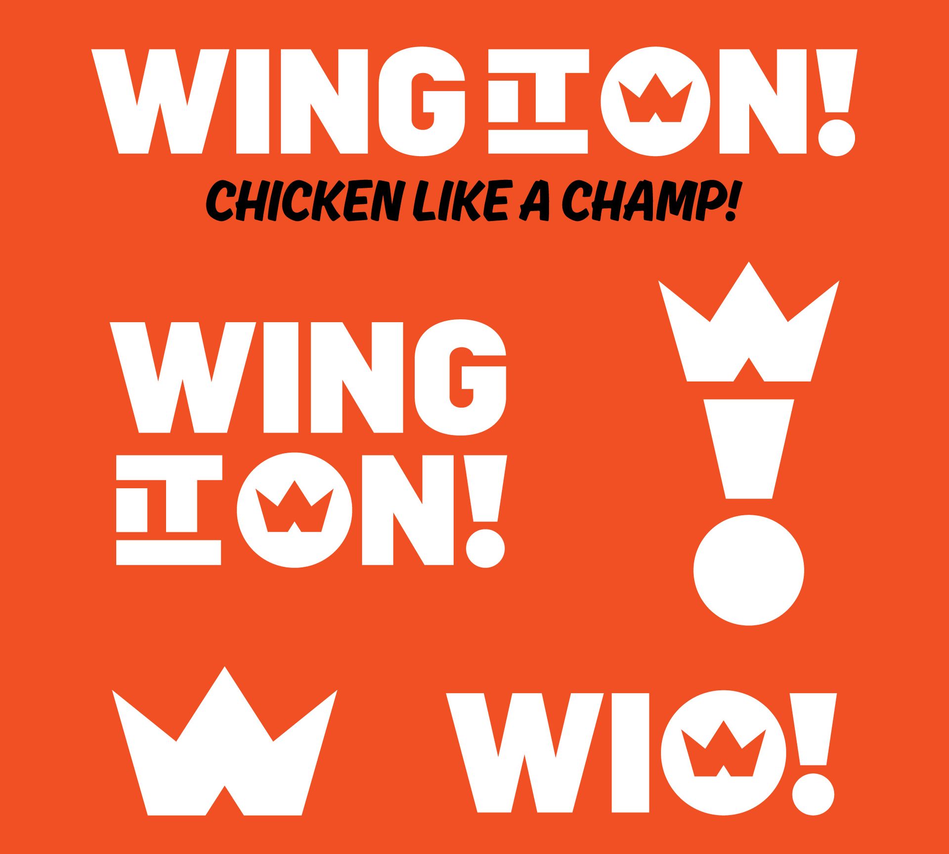 Orange Wing it on logo with white text and crown icons, plus the slogan “Chicken like a champ!”