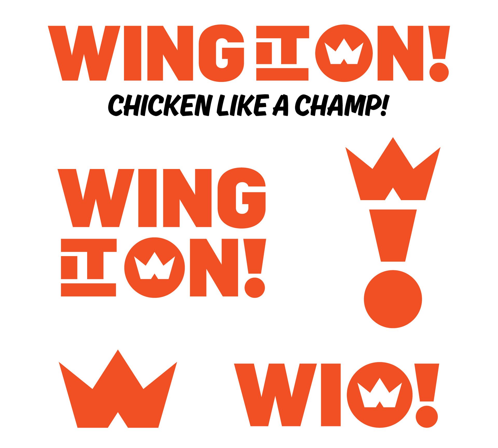 Orange WING IT ON! chicken logo variations on white background, with crown, exclamation mark, and tagline.