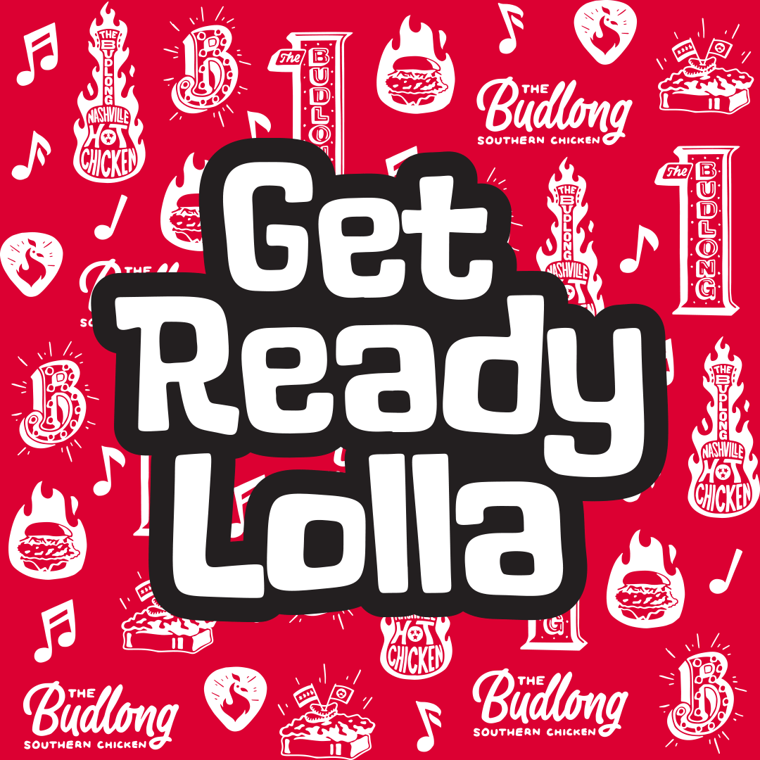 Red background with bold black-and-white text reading “Get Ready Lola” and scattered music-themed icons.