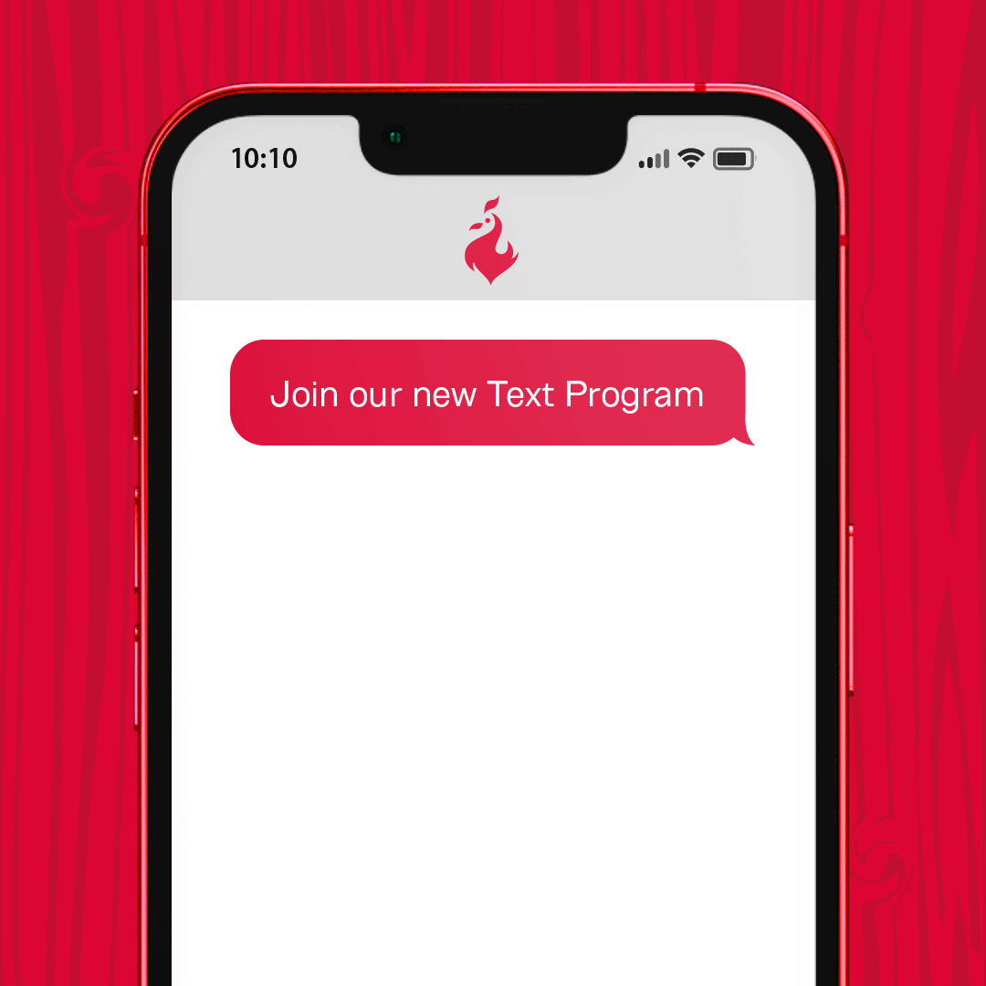 Smartphone screen with a red “Join our new Text Program” button on a white page.