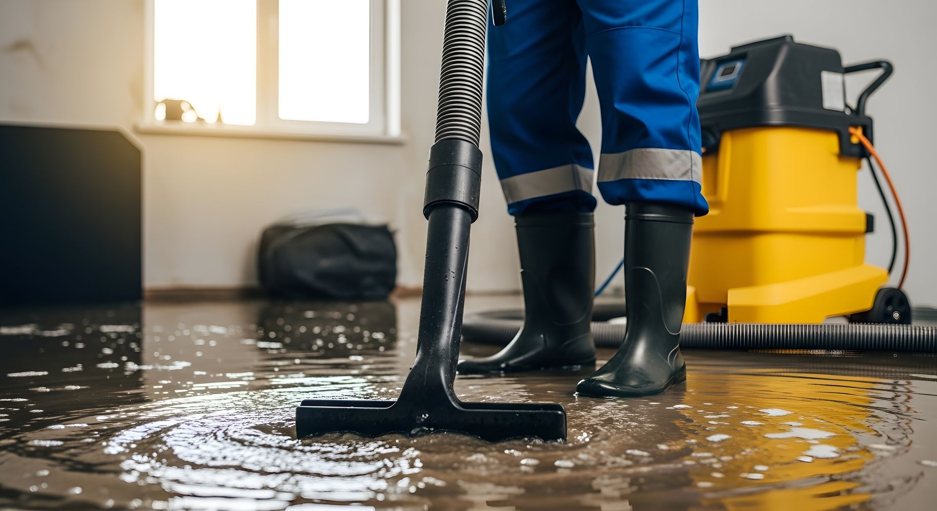 Water damage restoration worker vacuuming floodwater after burst pipe in a home. Person in blue coveralls and boots vacuuming floodwater from a room with a large yellow vacuum.