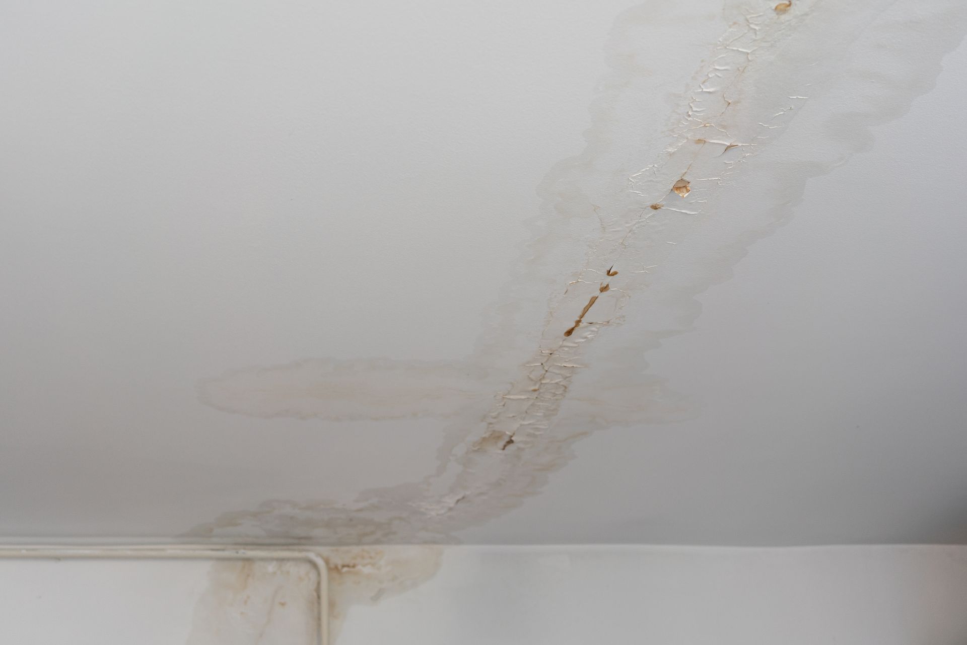 Water stain and peeling paint on white ceiling showing long-term leak damage along seam Water stain and peeling paint on white ceiling showing long-term leak damage along seam