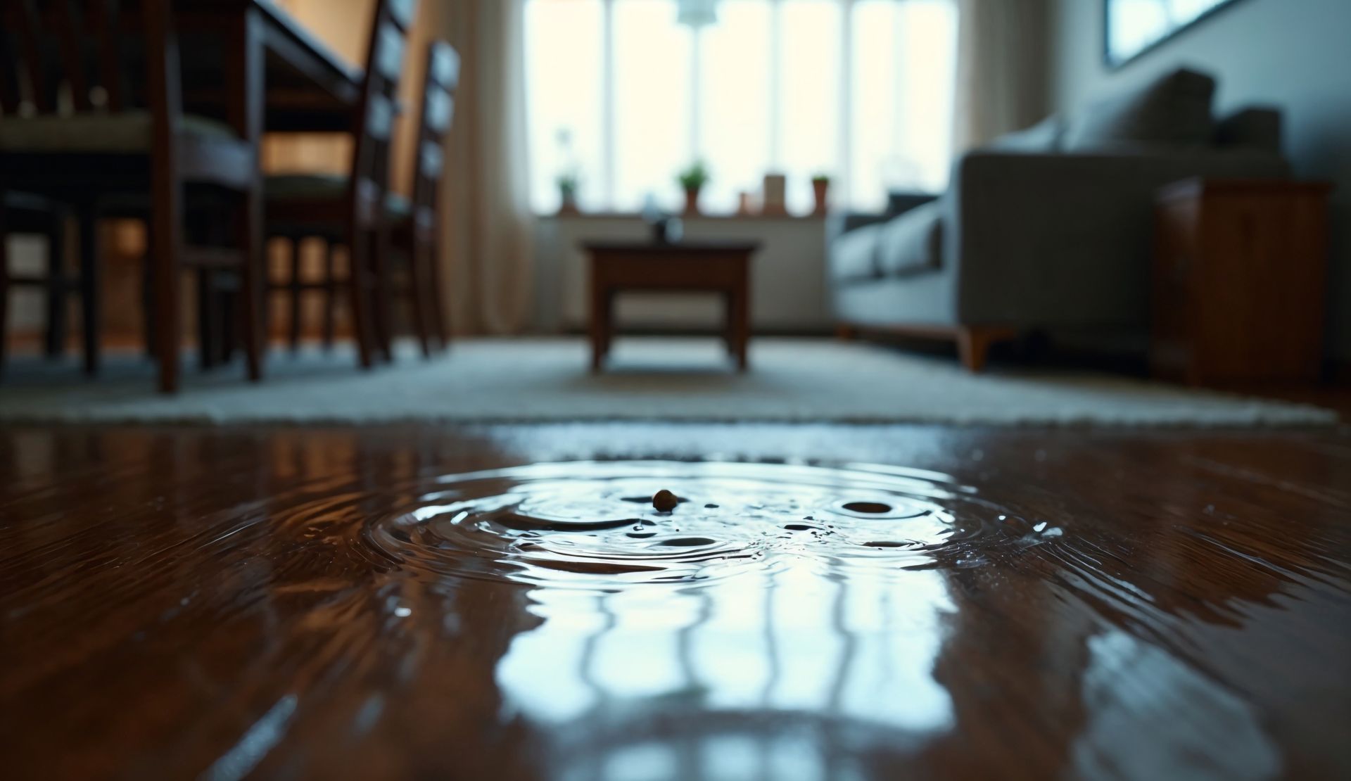 Water pooling on hardwood floor inside a home with visible signs of indoor flooding damage. Water pooling on hardwood floor inside a home with visible signs of indoor flooding damage.