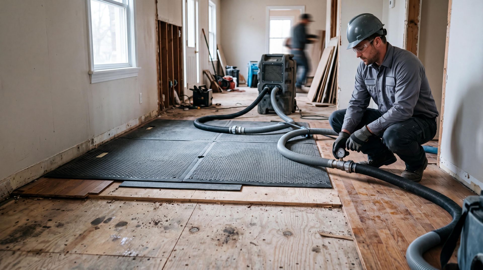 Flooded bathroom with potted plants floating on water. Technician extracting storm water damage from a home's damaged subfloor with drying equipment