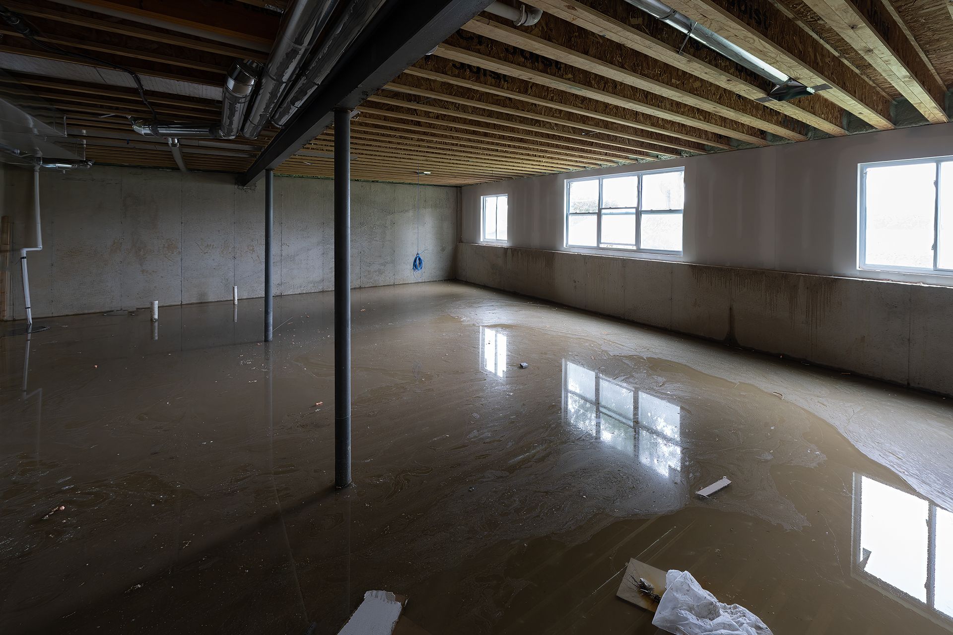 Flooded basement with standing water, support beams, and windows.