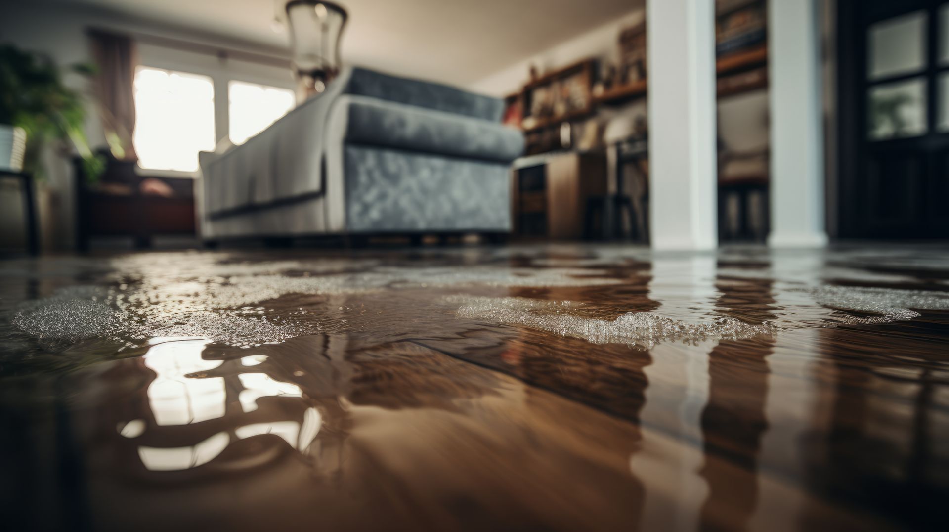 Low-angle shot of a flooded living room floor, requiring emergency water damage restoration.