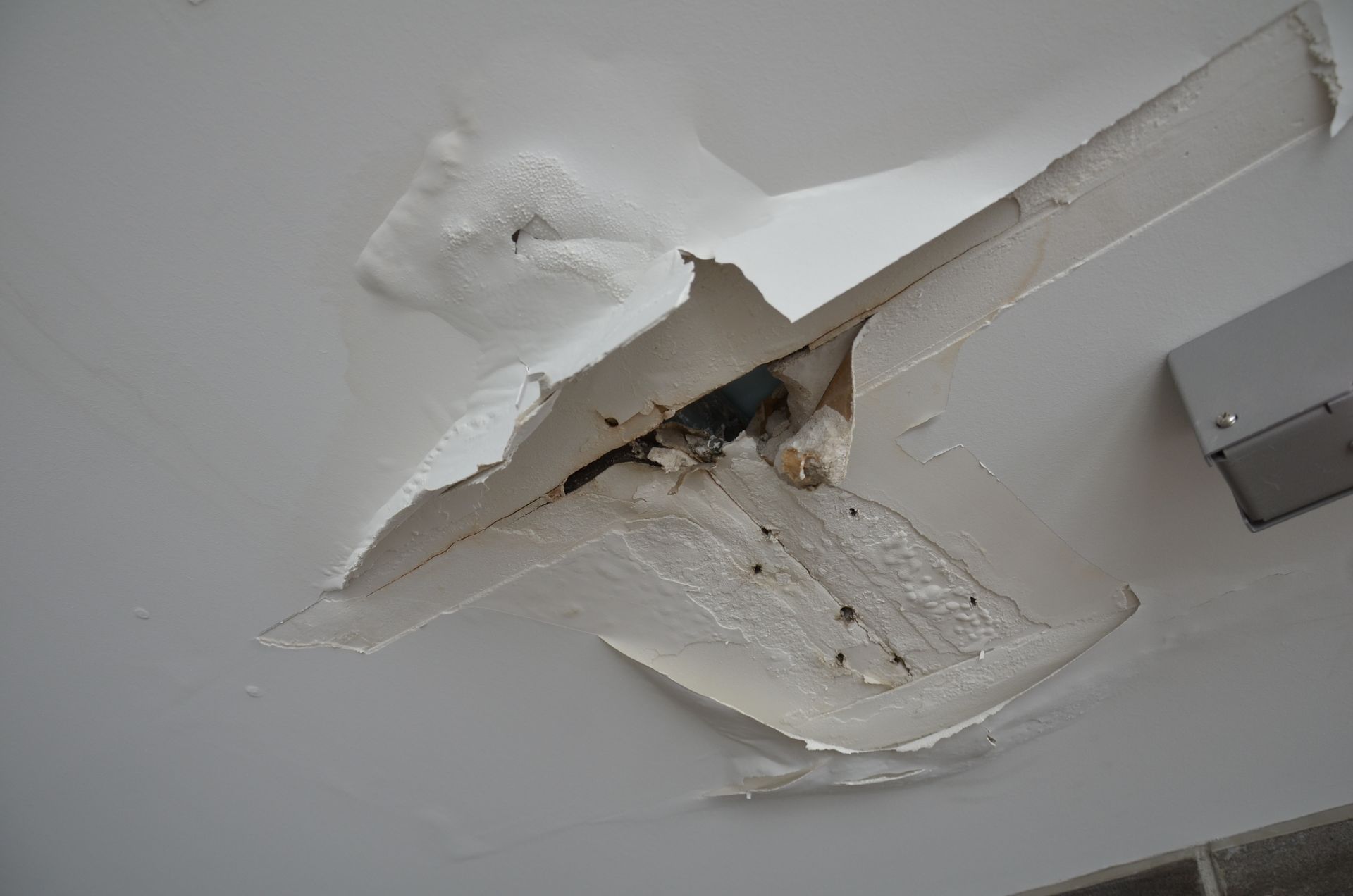 Damaged ceiling with peeling white paint, revealing dark interior.
