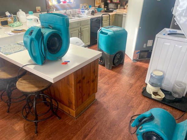 Three teal air movers in a kitchen with water damage, drying the wood floor and countertop.