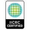 The logo for iicrc certified is a globe with dots on it. IICRC Certified logo: globe design with green and blue dots, black rectangle with