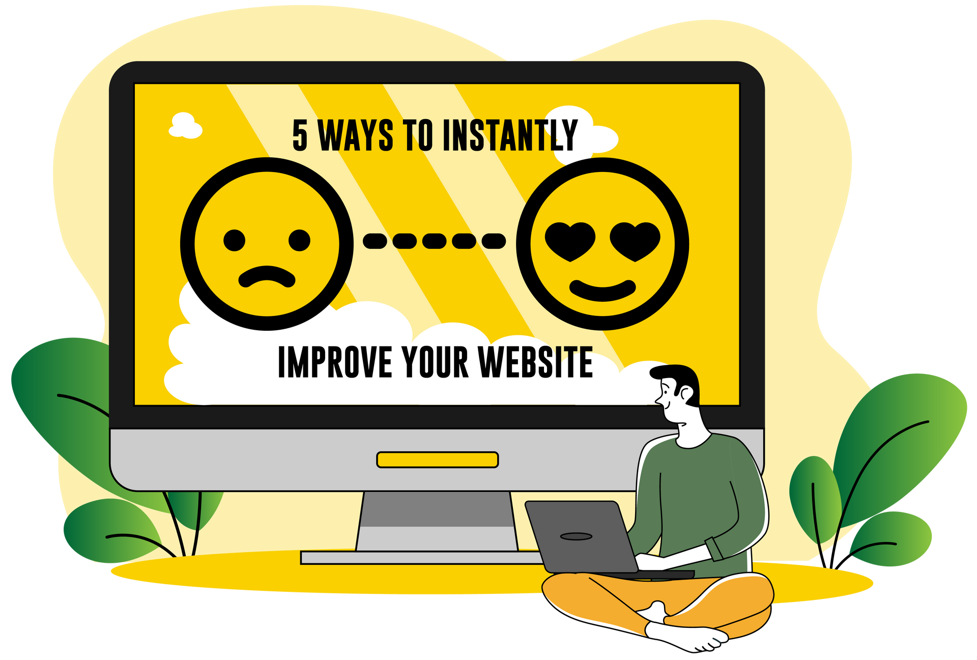 A man is sitting in front of a computer screen with two smiley faces on it.