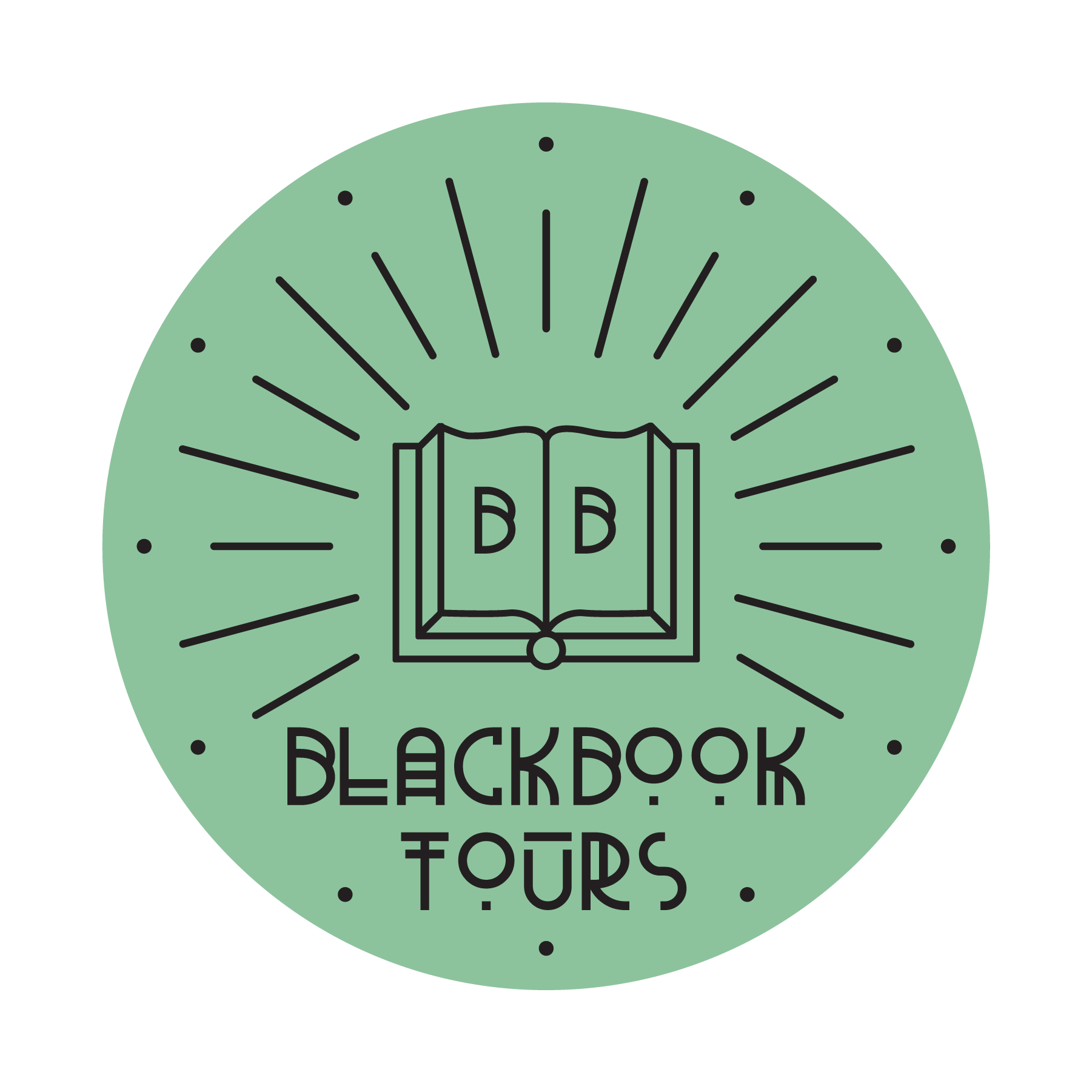 A green circle with a book and the words blackbook tours on it