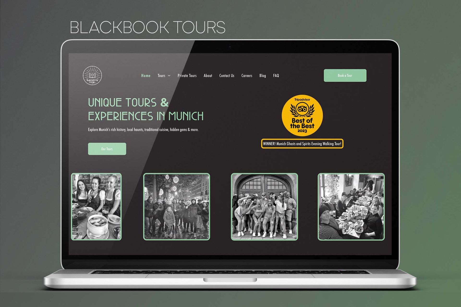 A laptop is open to a website for blackbook tours