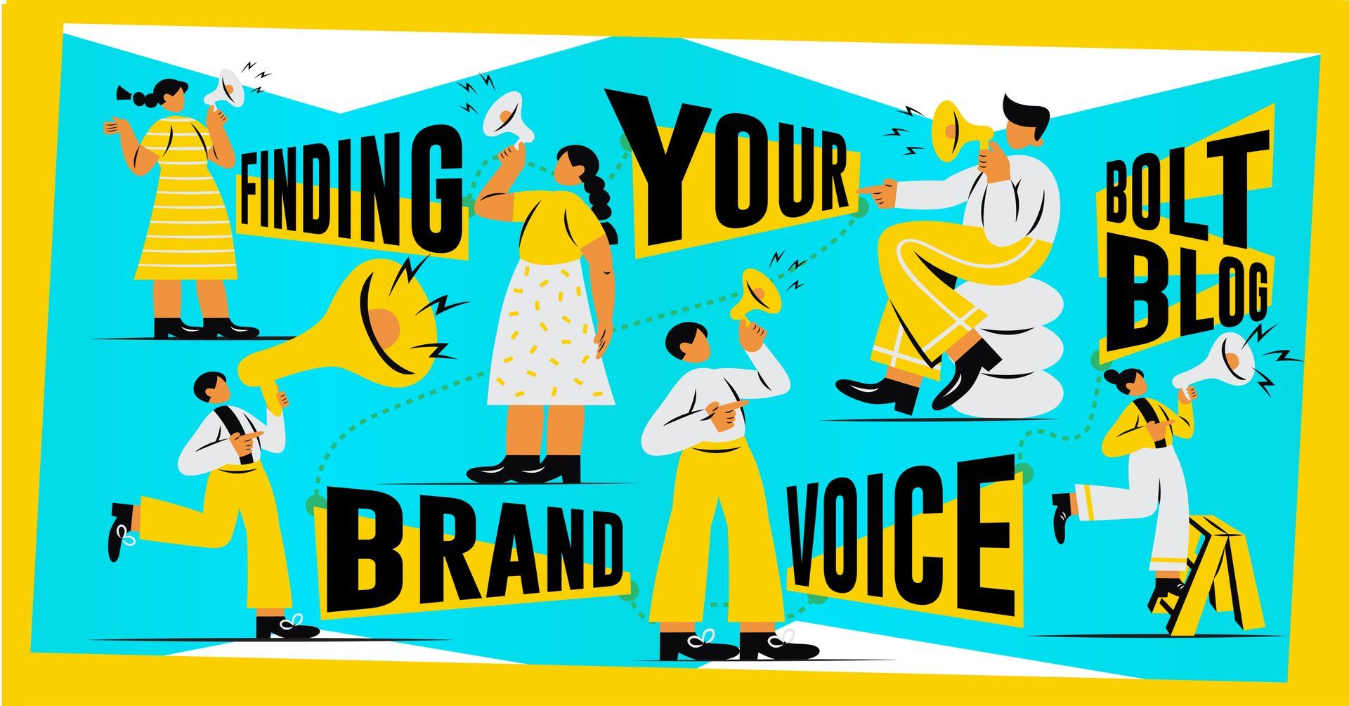 A group of people are standing around a sign that says `` finding your brand voice ''.