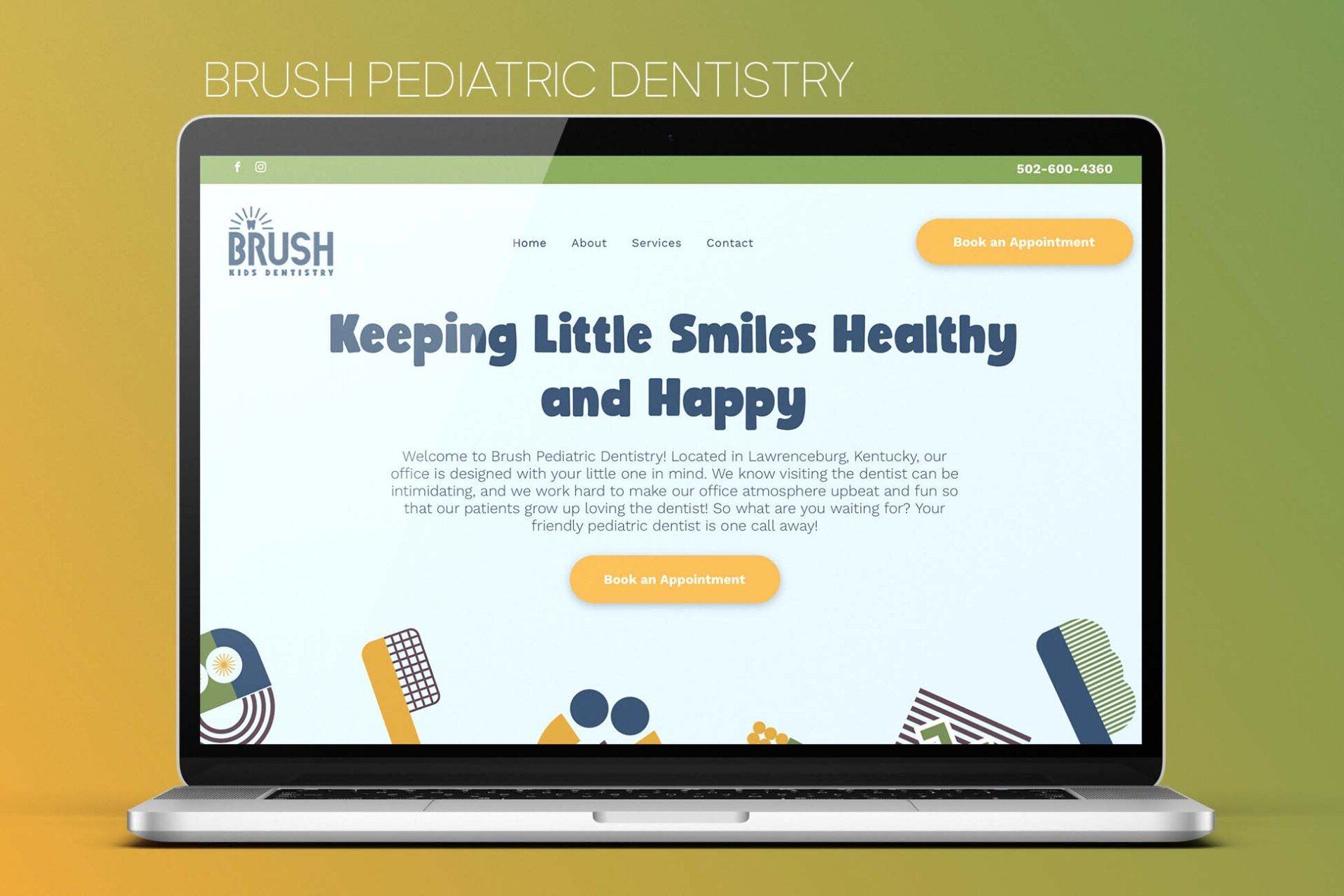 A laptop computer is open to a website for brush pediatric dentistry.