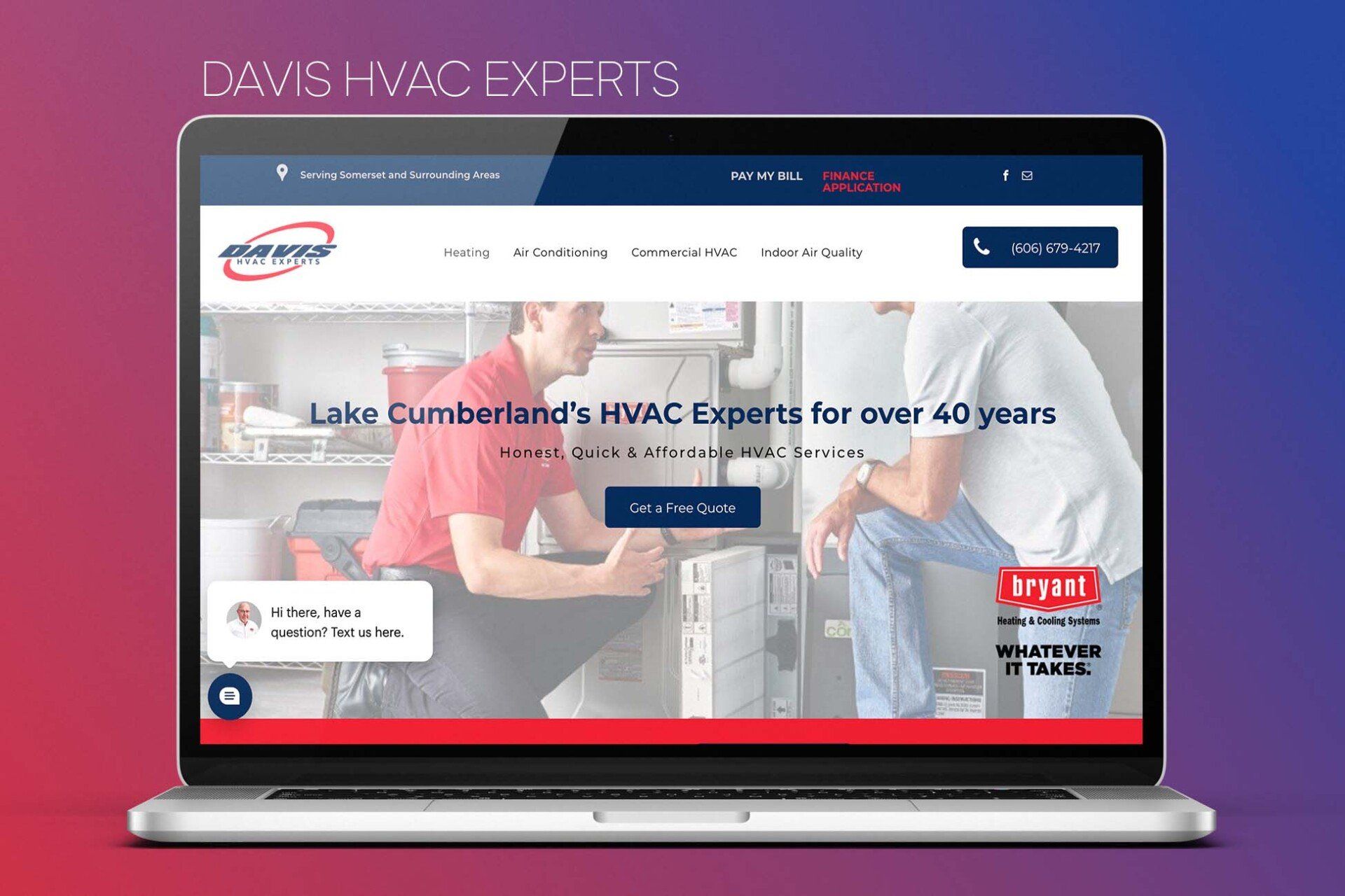A laptop computer is open to a website for a company called davis hvac experts.