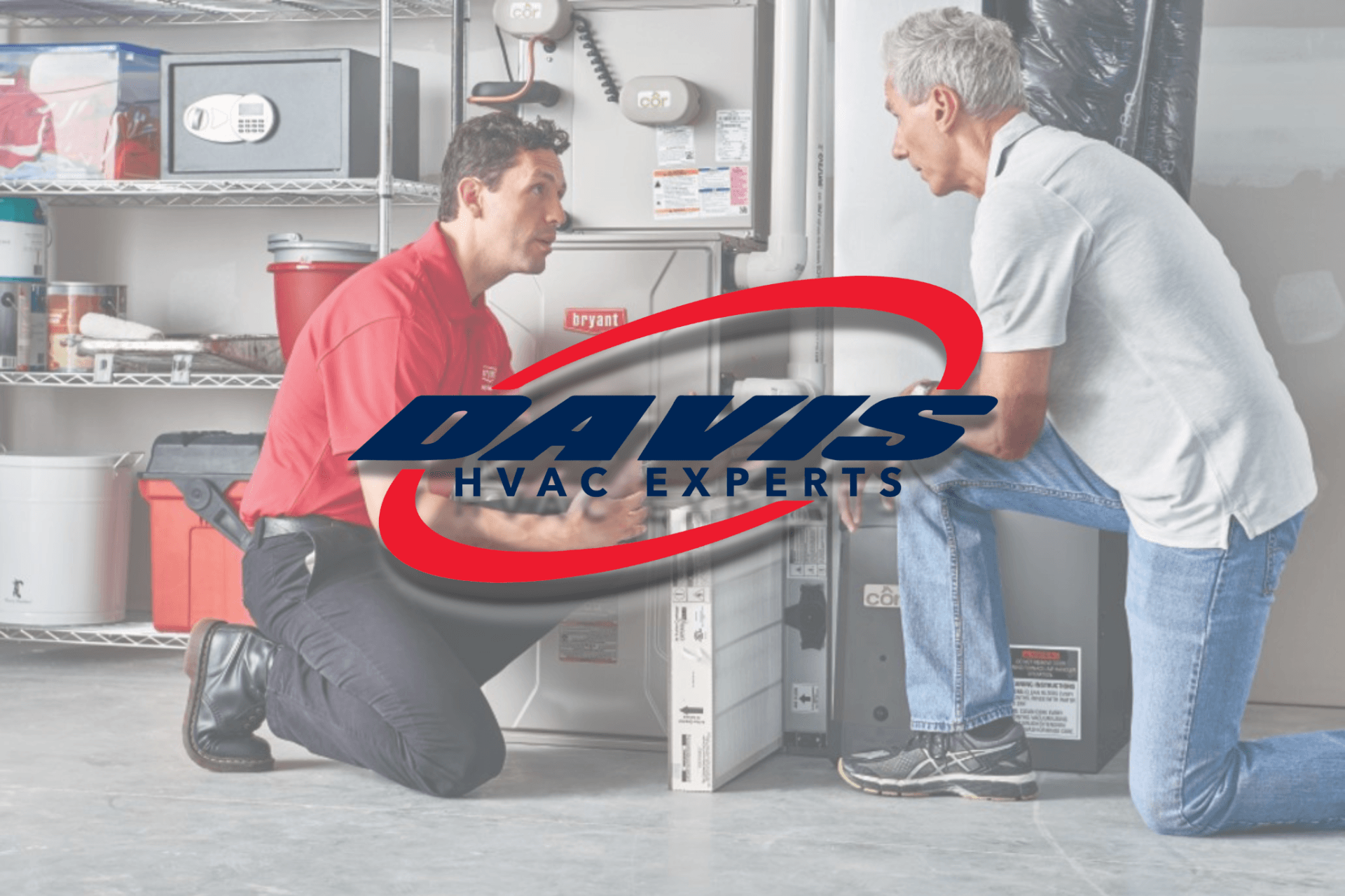 Two men are working on an air conditioner with the davis hvac experts logo in the background