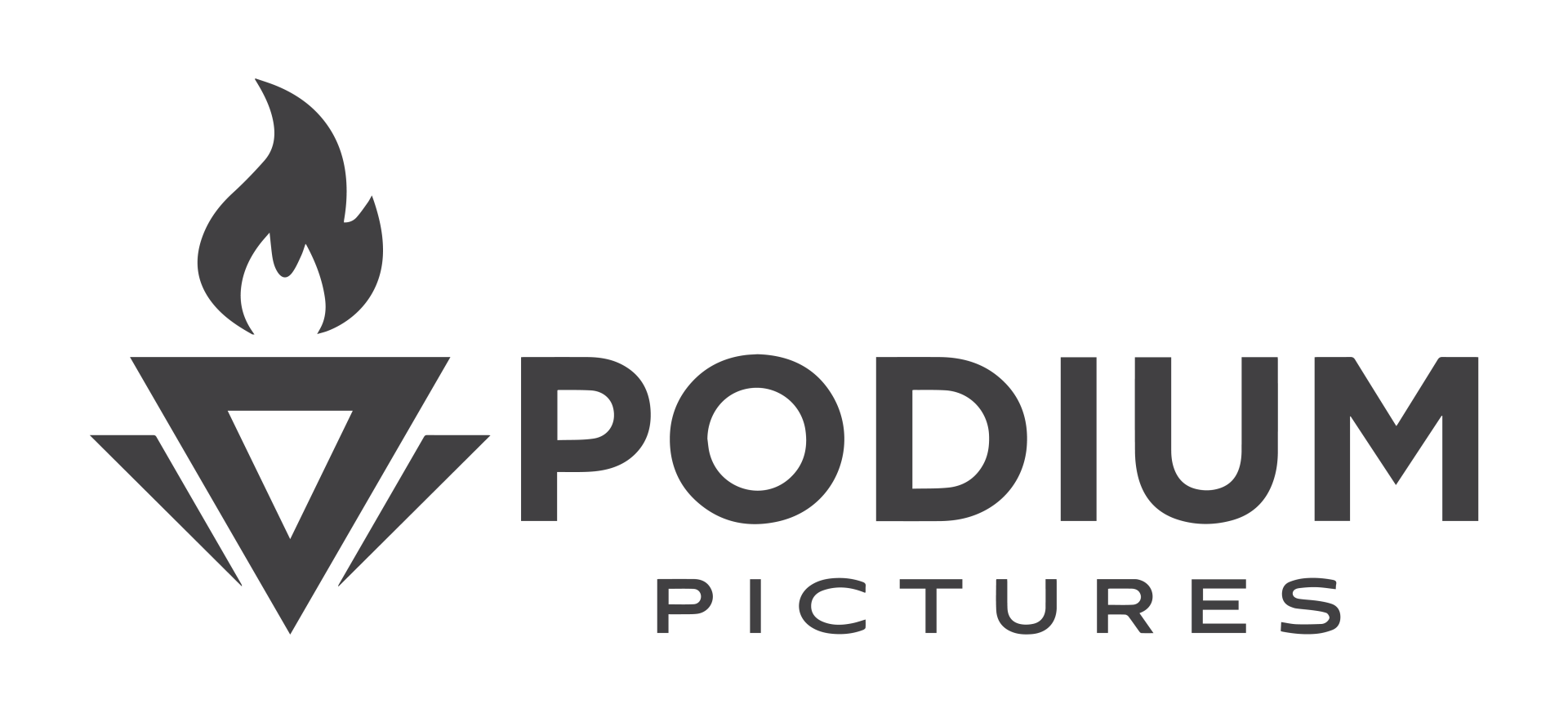 The logo for podium pictures shows a flame in a triangle.
