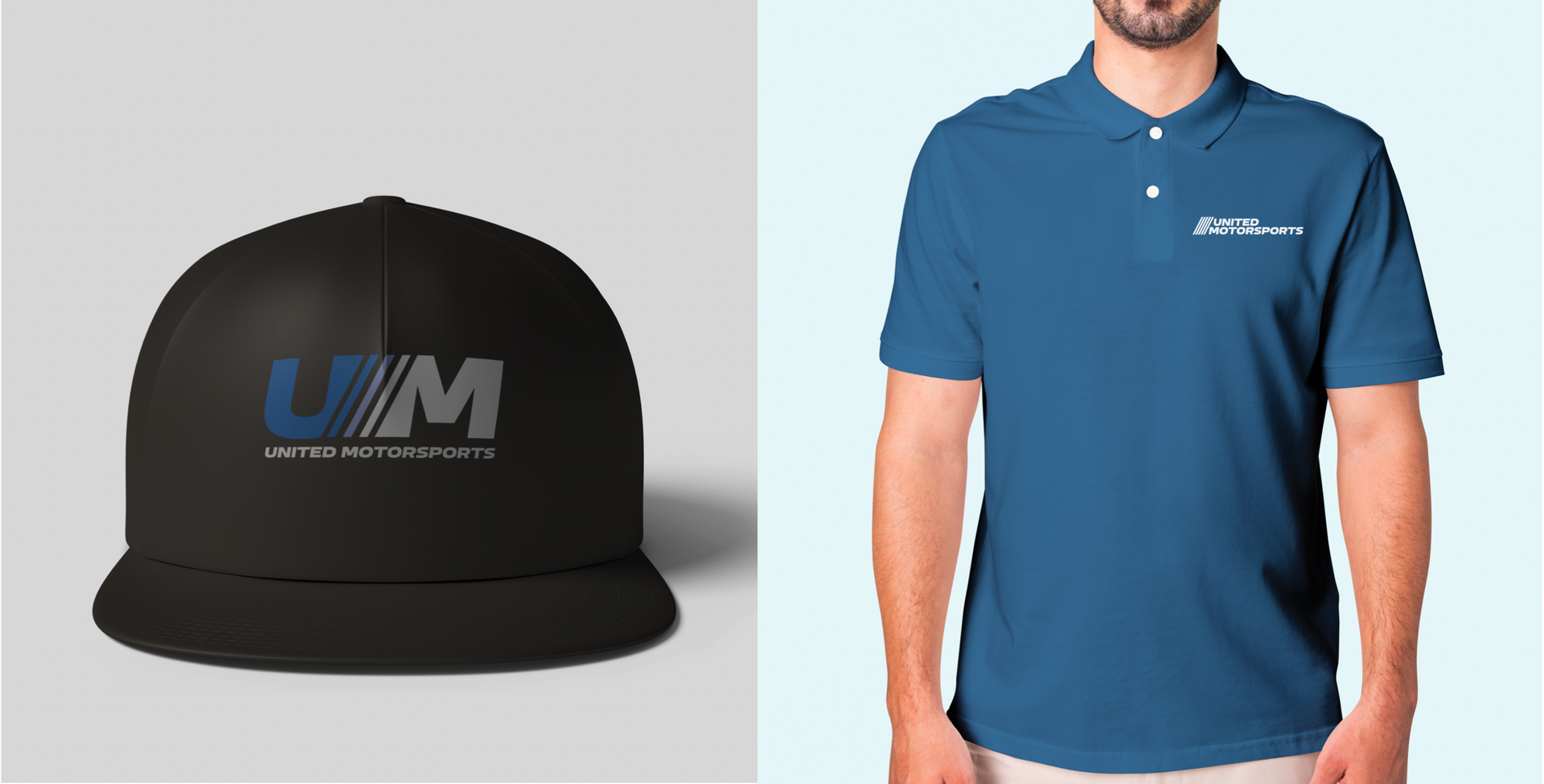 a man is wearing a black hat and a blue polo shirt .