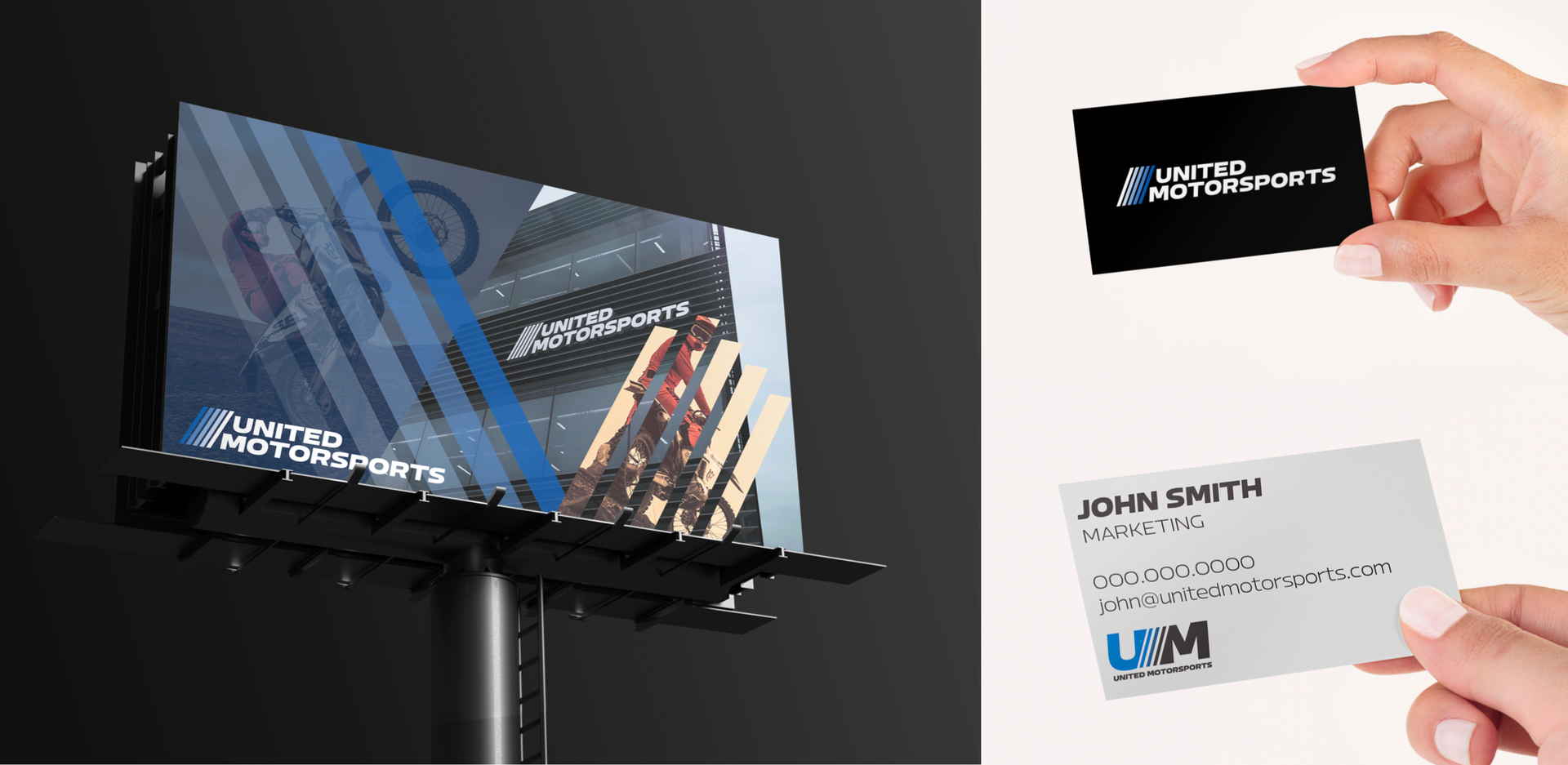 a person is holding a business card in front of a billboard .