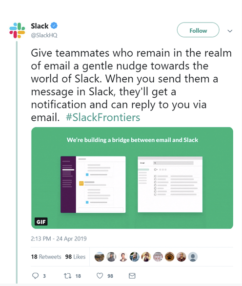 A tweet from slack that says give teammates who remain in the realm of email a gentle nudge