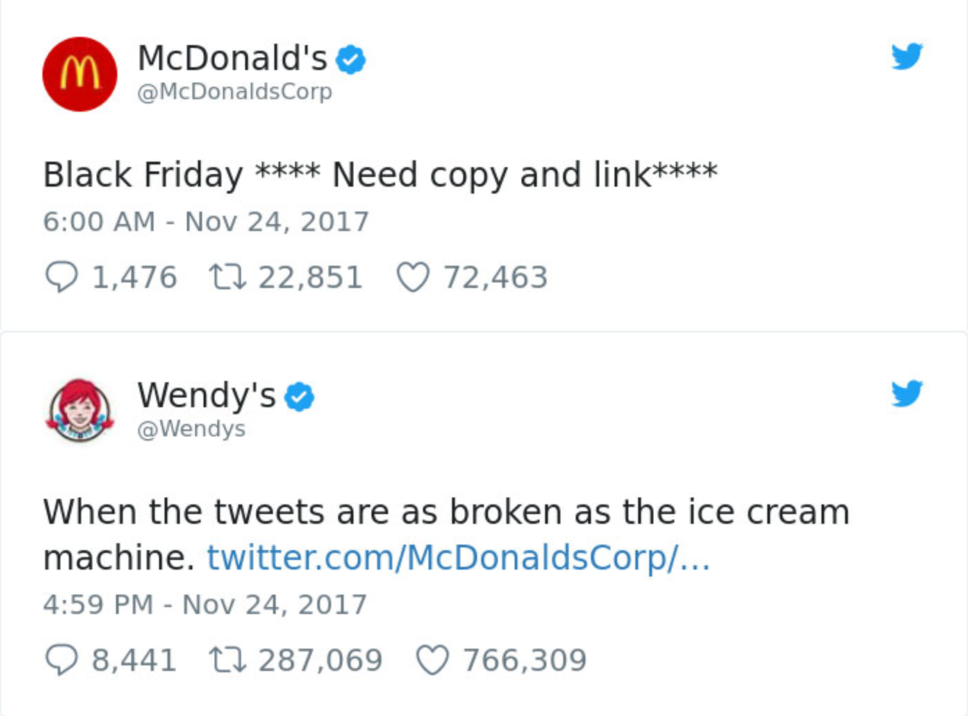 Two tweets from mcdonald 's and wendy 's about black friday