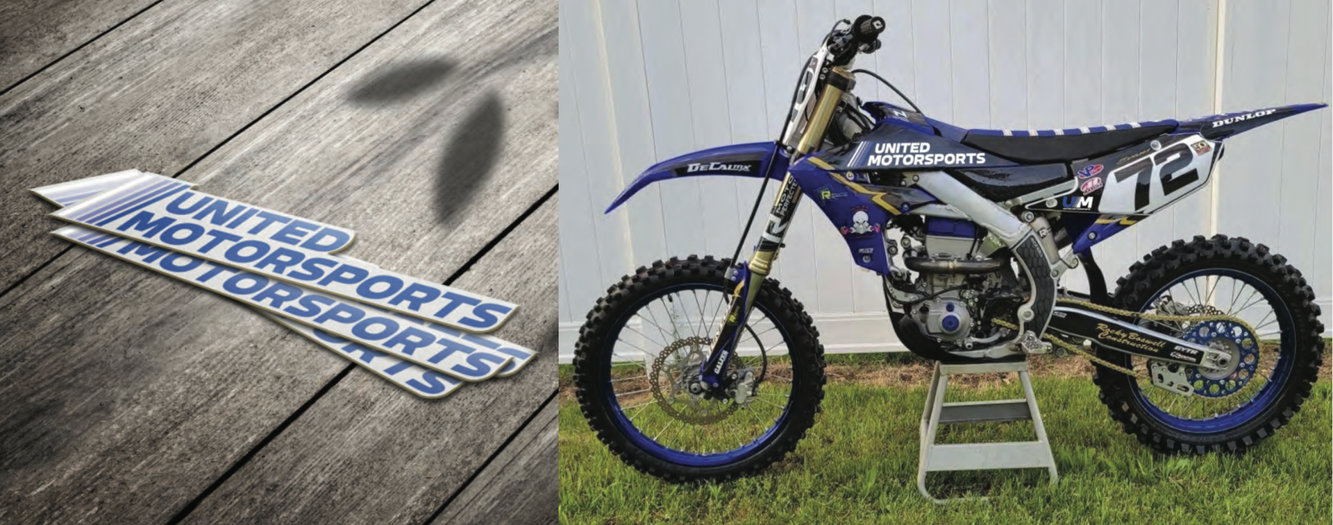 a blue dirt bike is parked on a wooden deck next to a white fence .