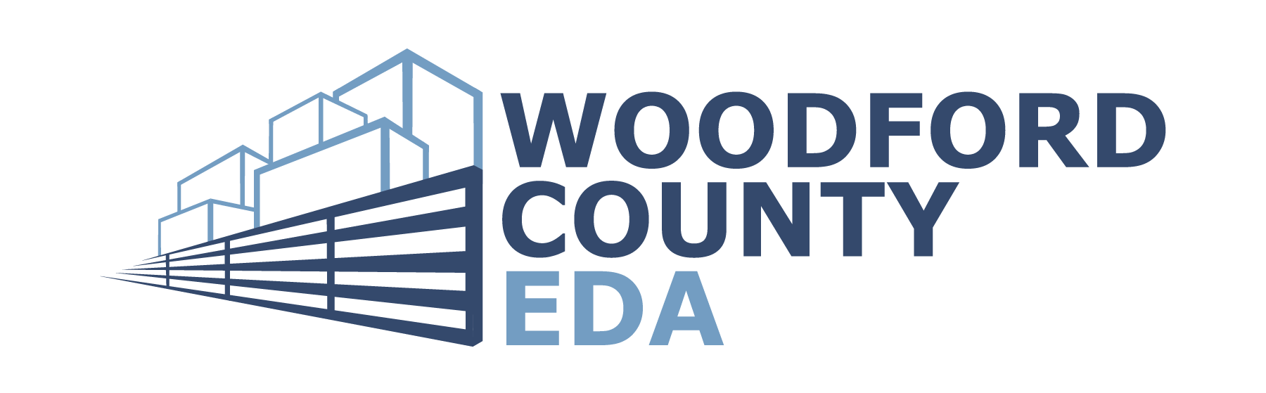 A logo for woodford county eda with a building in the background.