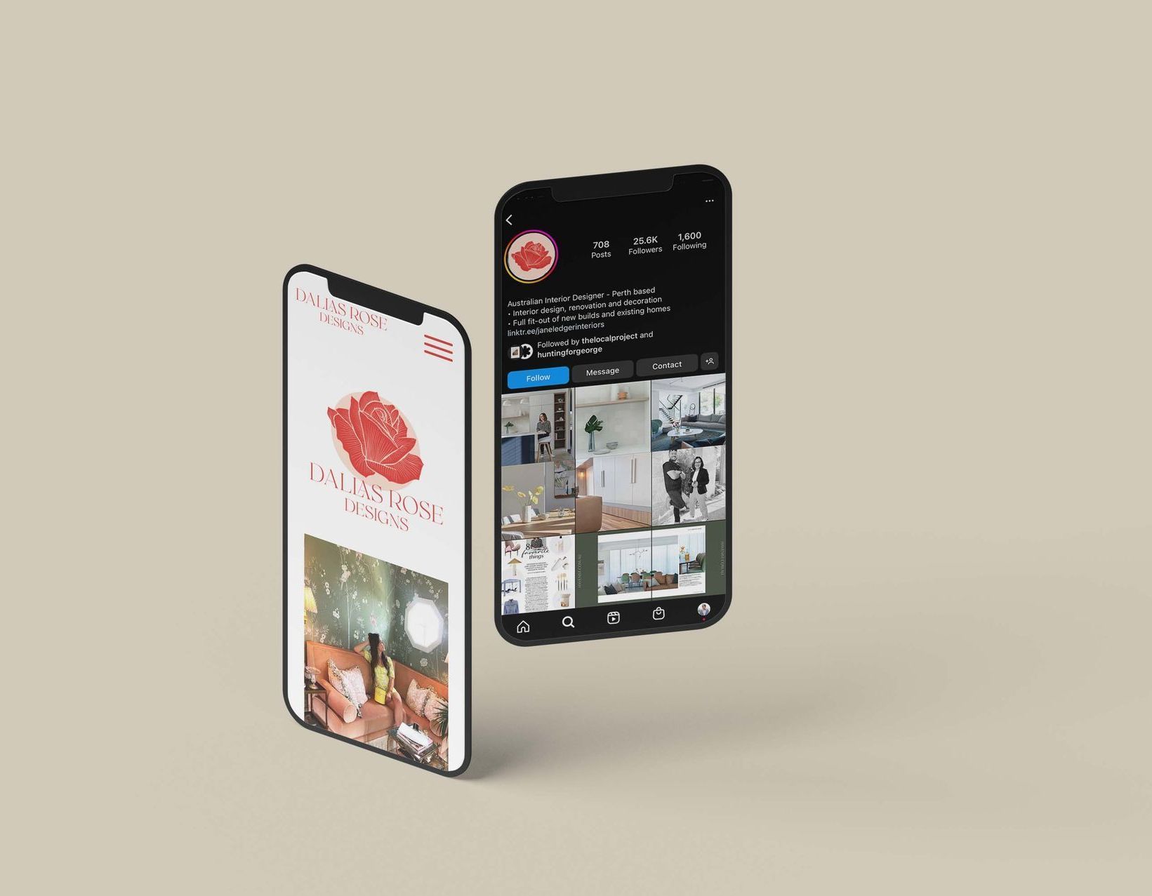 Two phones are floating in the air on a beige background.