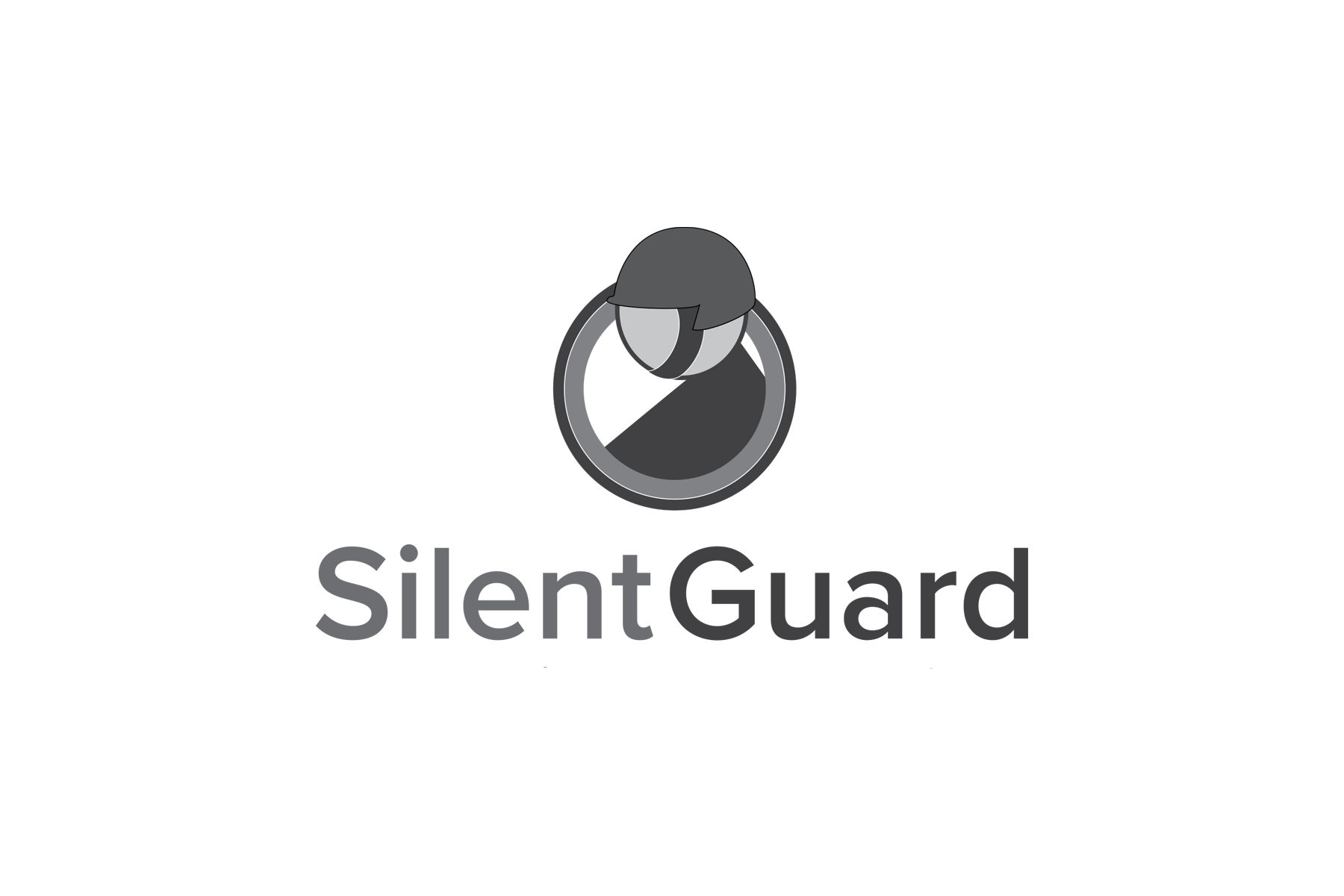 A black and white logo for silent guard with a person in a circle.