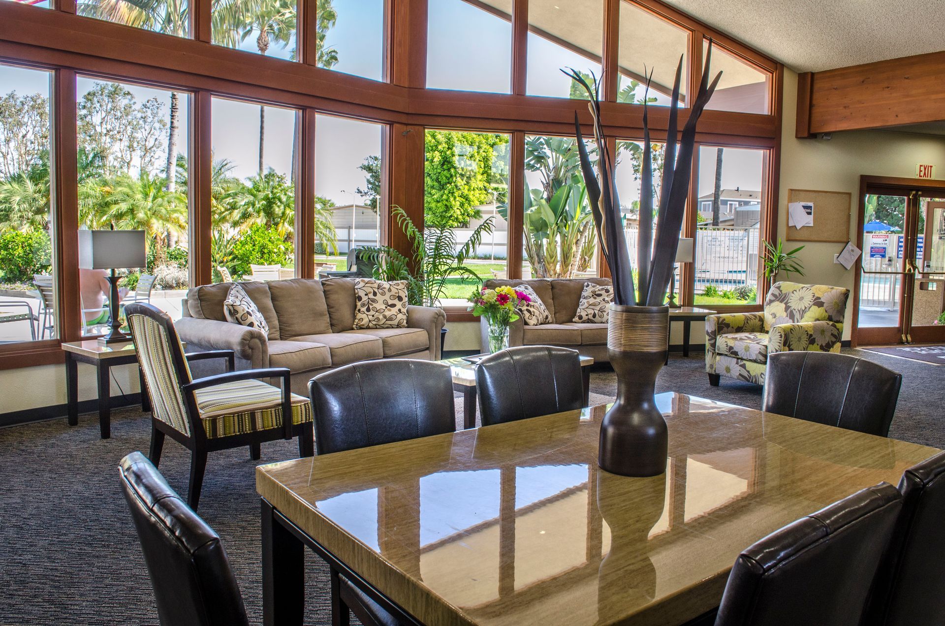 Spacious Clubhouse furnishings and floor to ceiling wndows