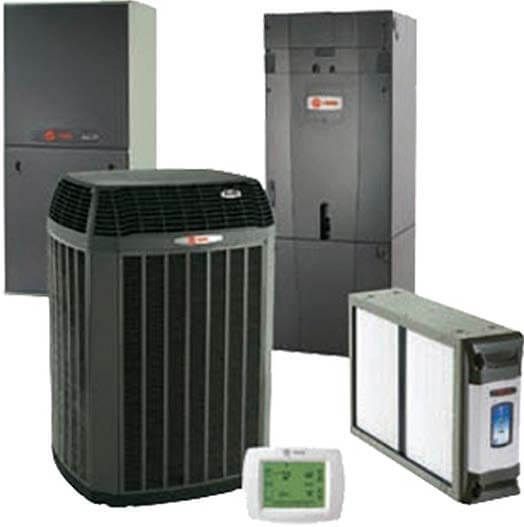 A group of air conditioners and a thermostat on a white background