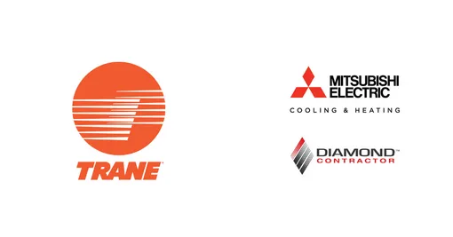 The logos for trane and mitsubishi electric are next to each other on a white background.