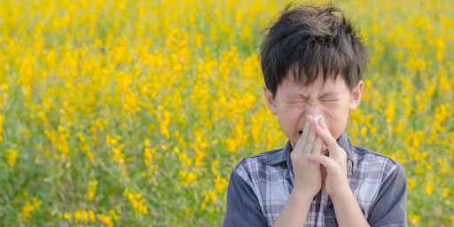 A young boy is blowing his nose in a field of yellow flowers.