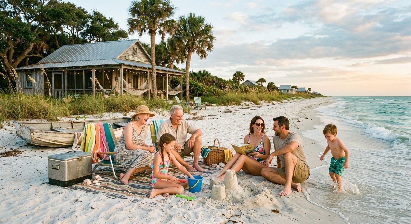 Family relaxing on a beach picnic beside a seaside cottage at sunset