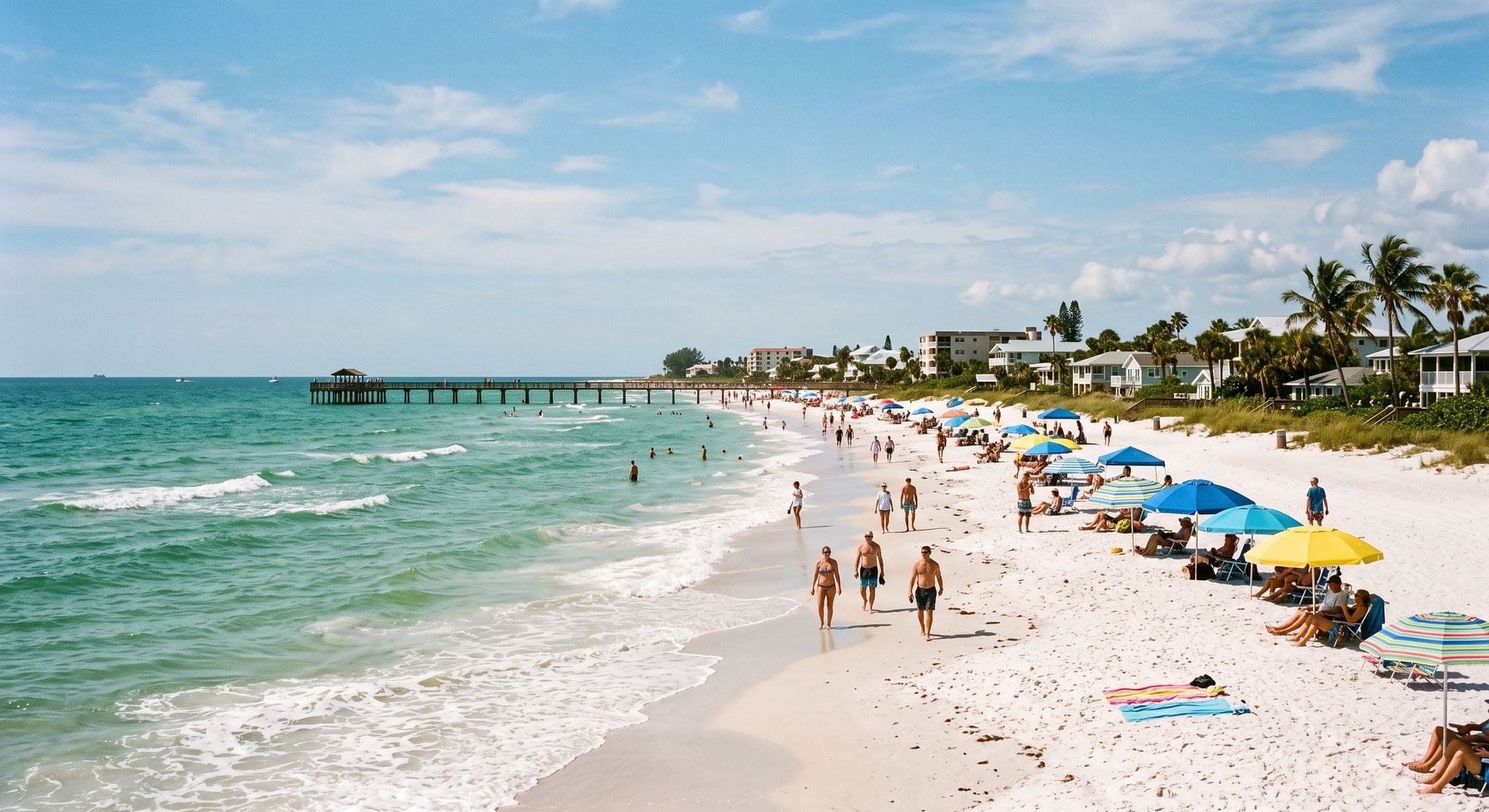 Sunny tropical beach with turquoise waves, white sand, umbrellas, and people walking along the shore