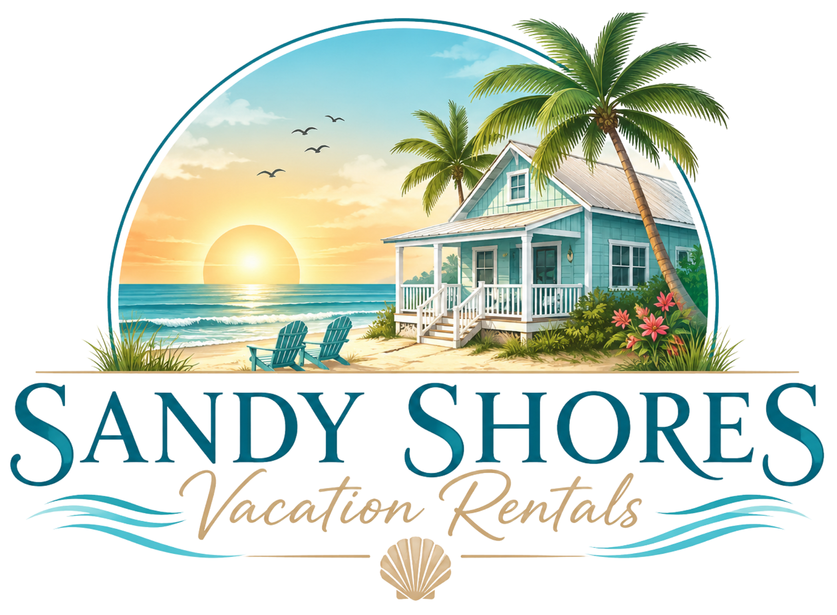 Sandy Shores Vacation Rentals logo with tropical beach, sunset, palm trees, and a seaside cottage