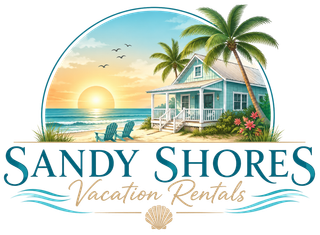Sandy Shores Vacation Rentals logo with tropical house, palm trees, sunset, and ocean waves